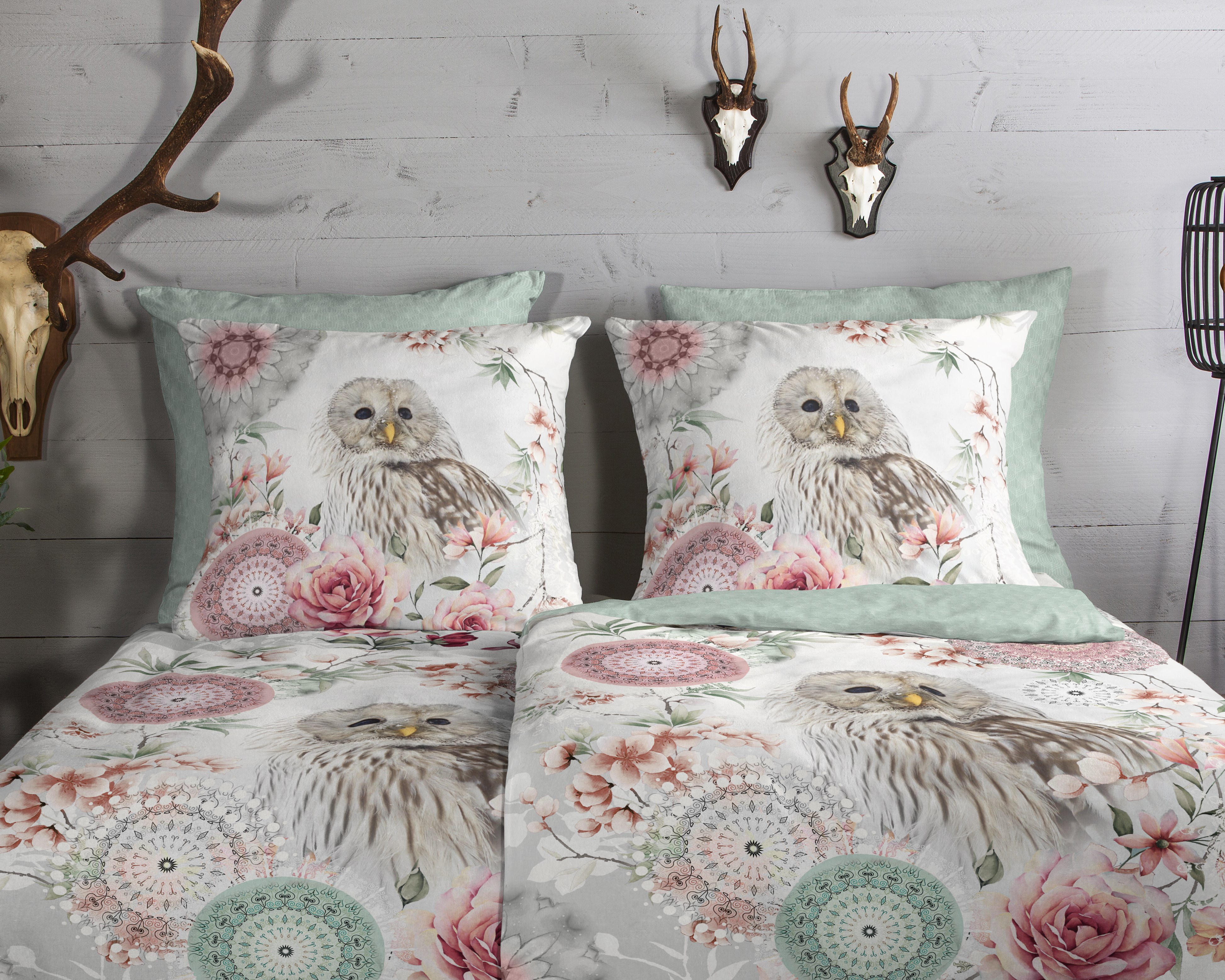 Thumbnail - hip Wendebettwäsche "Omaira" 2 Stk. tlg. Flanell, Biber, Baumwolle, Warm, Wendeoptik, Mandala, Eule, Minzgrün