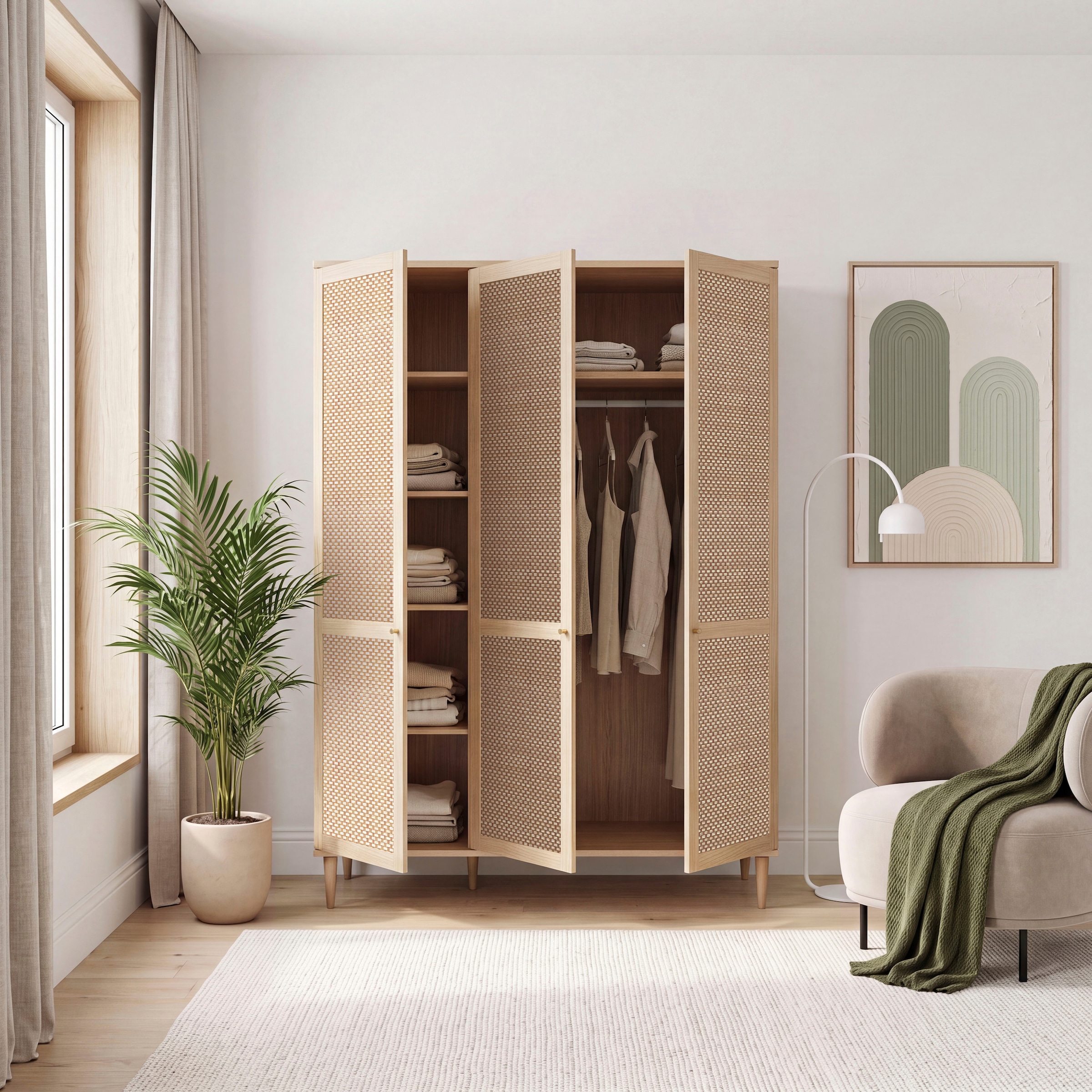 OTTO home Kleiderschrank »ELLIAN mi tWiener Geflechtoptik und warmem Holzdekor« Holzfüße, Metallgriffe, Made in EU, viel Stauraum, FSC® zertifiziert