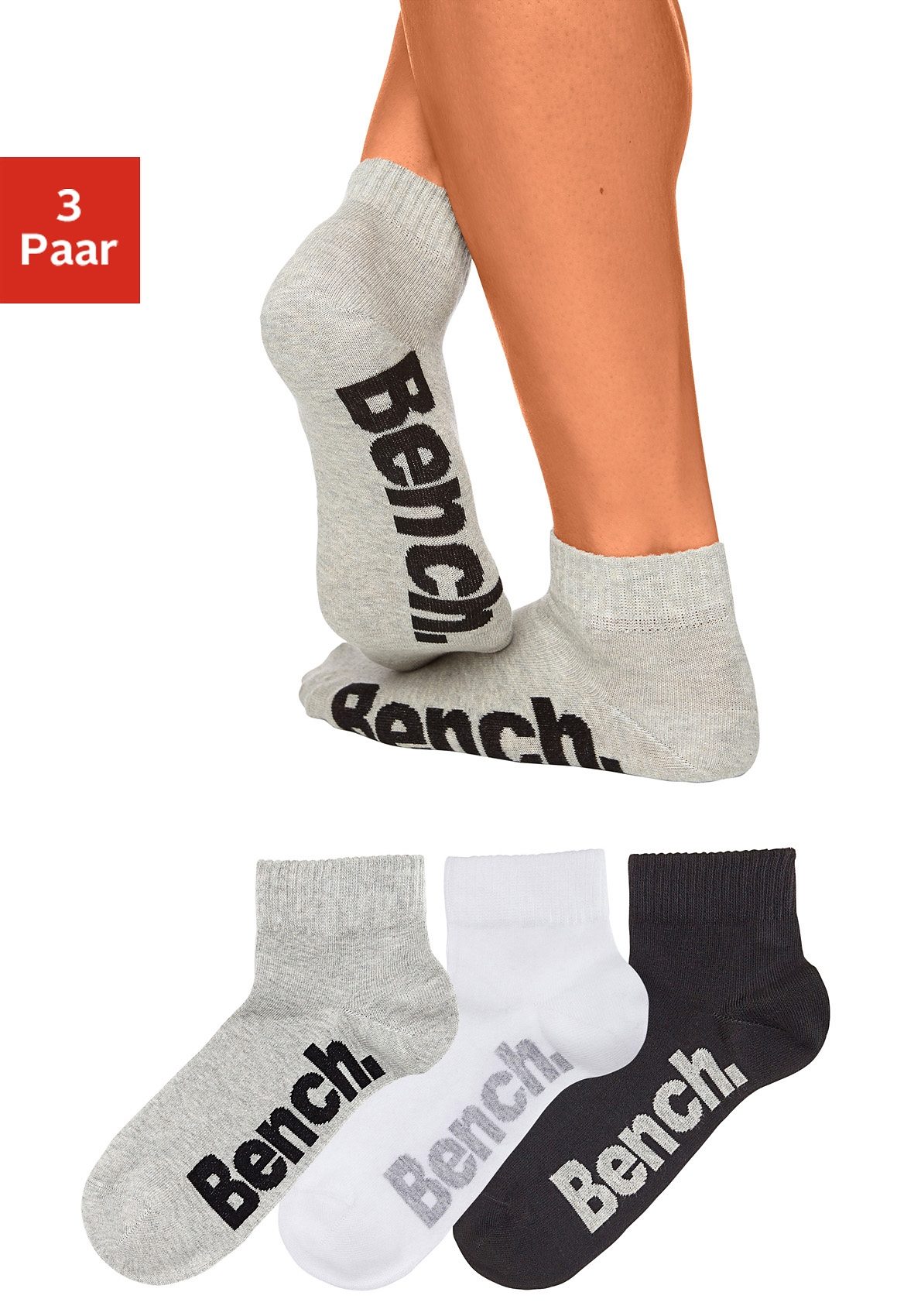 Bench. Kurzsocken "Damen Herren Socken Kurzschaft mit Komfortbund" Packung, 3 Stk. tlg. mit bequemen Rippbündchen