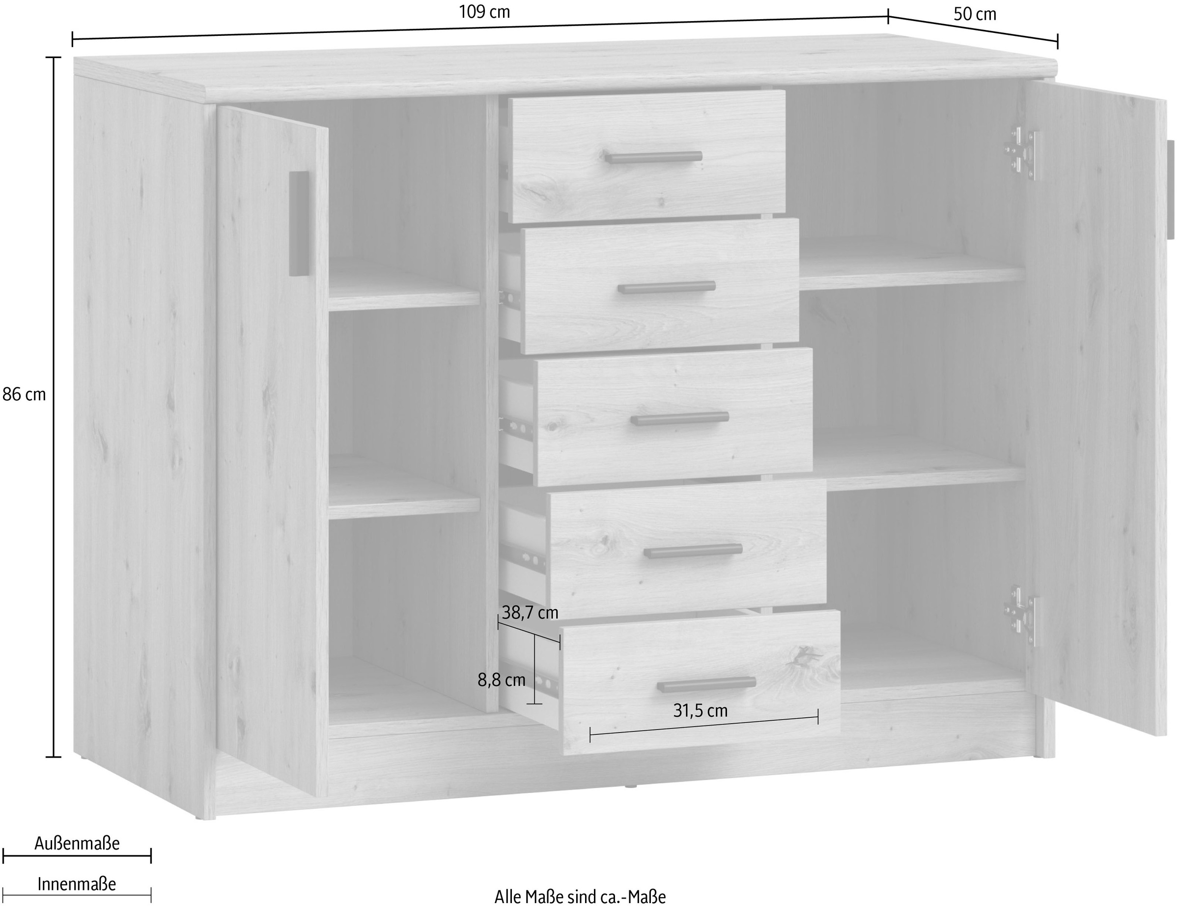 HBZ Sideboard »Nelly Kommode, BxHxT 109x86x50cm«, (1 St.), Breite 109cm, Einlegeböden verstellbar, foliert