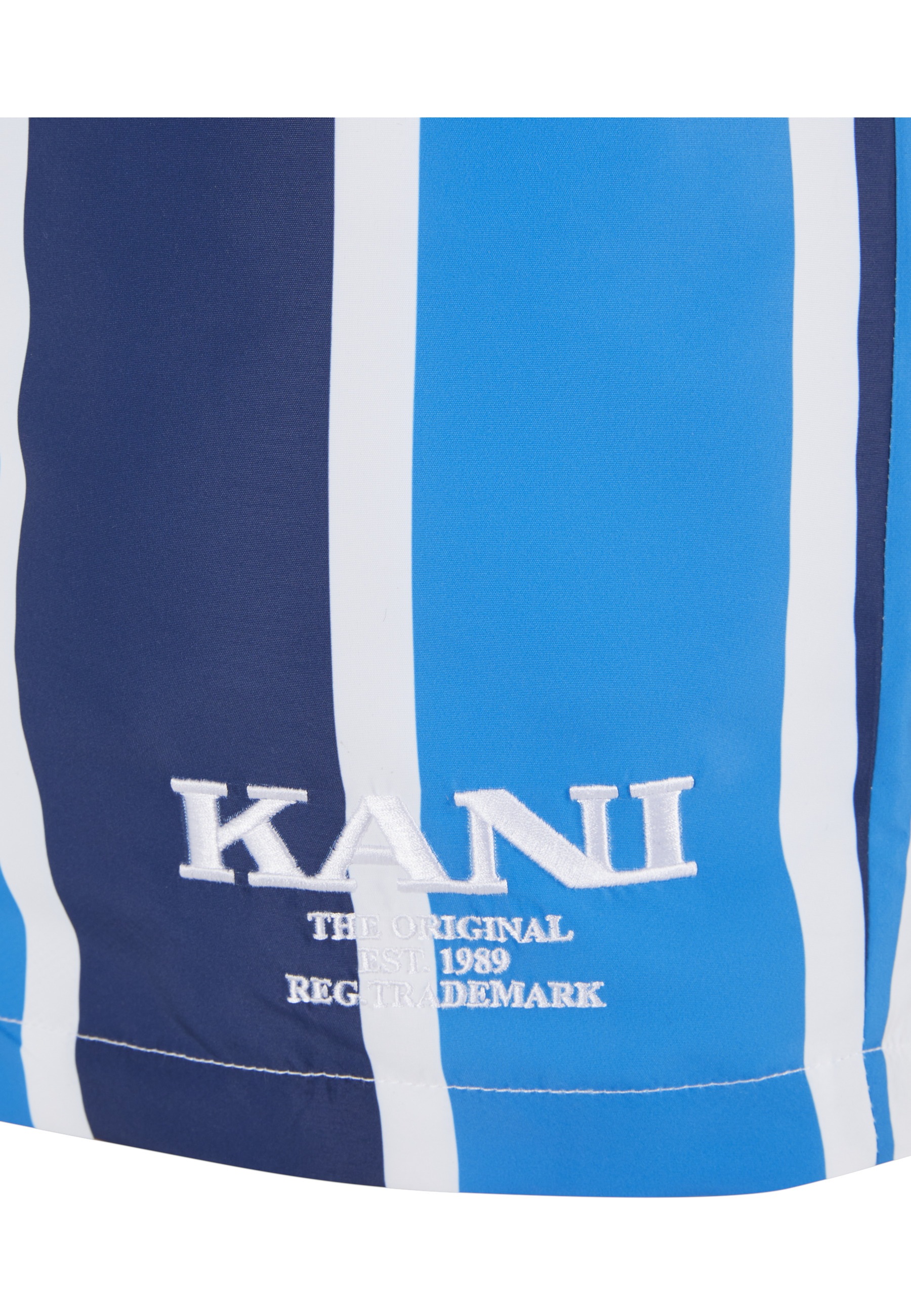 Badeshorts KARL KANI "Karl Kani Herren KM242-037-1 Retro Striped Boardshorts", Herren, Gr. L, US-Größen, aqua, navy, weiß, 100% Polyester, Badehosen Badeshorts 3
