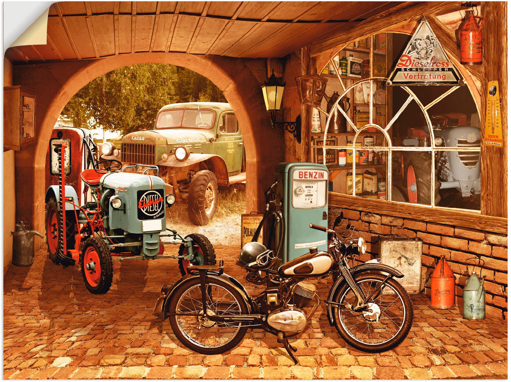 Wandbild »Werkstatt mit Traktor und Motorrad«, Traktoren, (1 St.), als Alubild,...