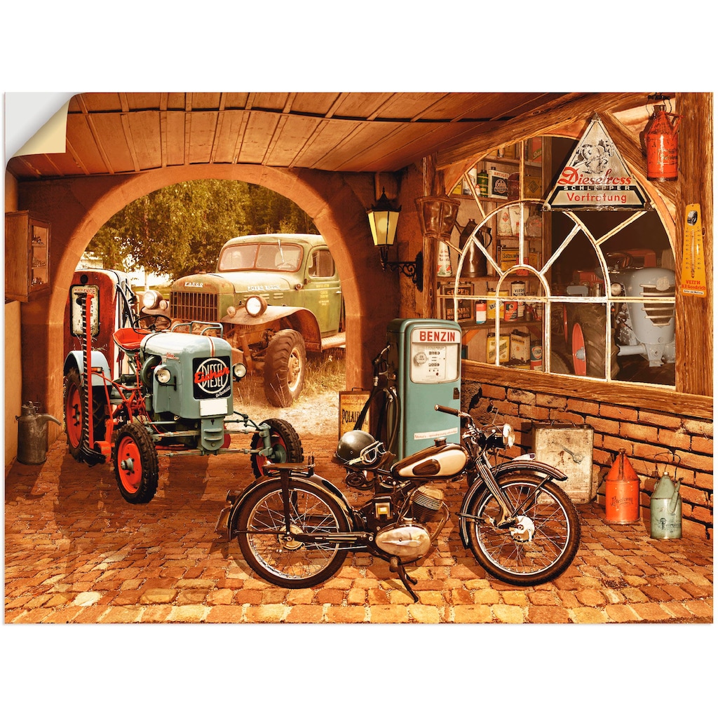 Artland Wandbild »Werkstatt mit Traktor und Motorrad«, Traktoren, (1 St.)