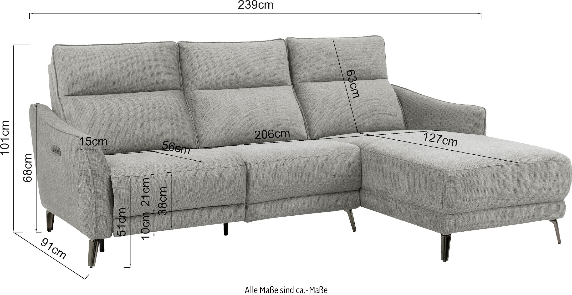 INOSIGN Ecksofa »TAYLER 3-Sitzer, L-Form (Breite 239cm), elektr. Relaxfunktion, USB A/C«, und Recamiere, Liegefunktion durch Recliner, Federkernpolsterung