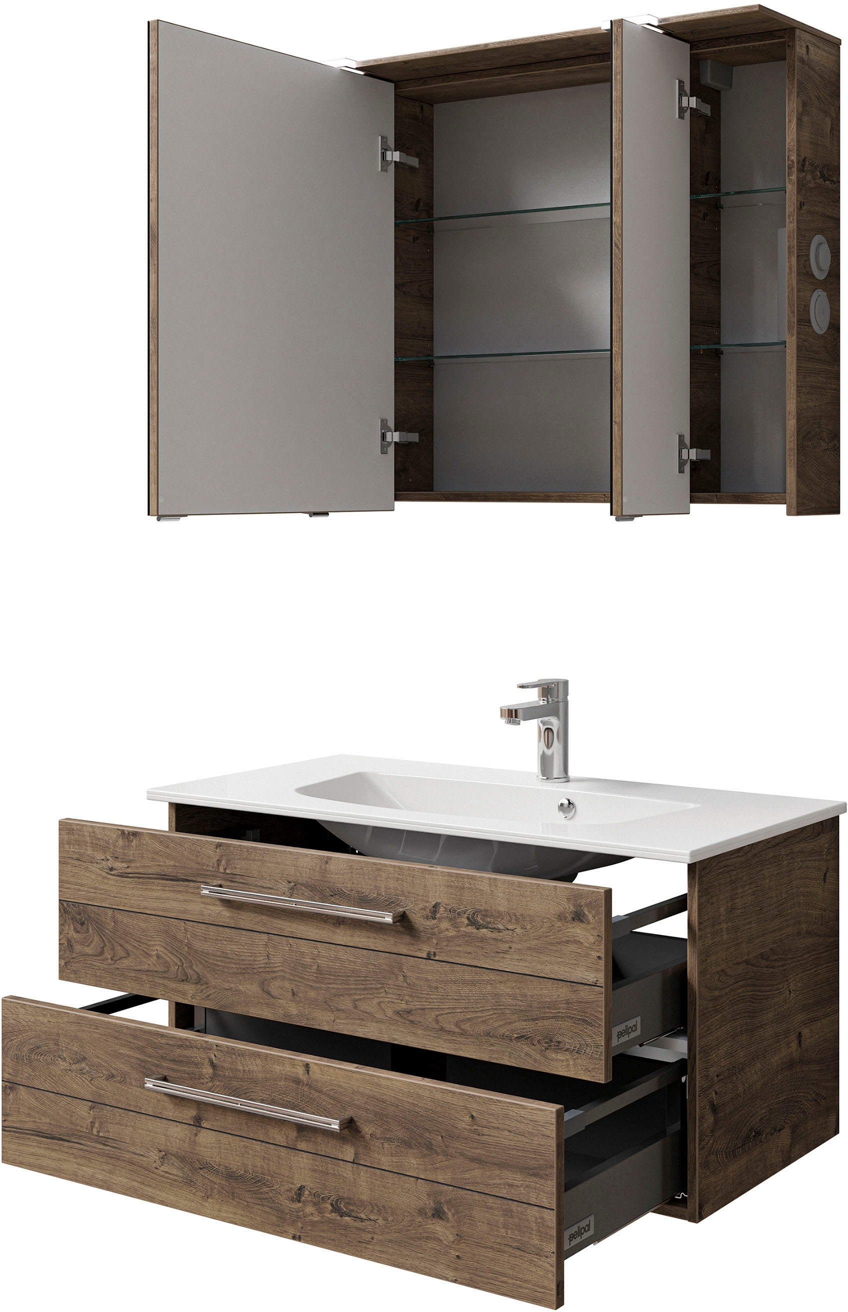 Saphir Badmöbel-Set »Serie 6025 2-teilig Mineralmarmor-Waschtisch mit LED-Spiegelschrank« 2 Stk. tlg.