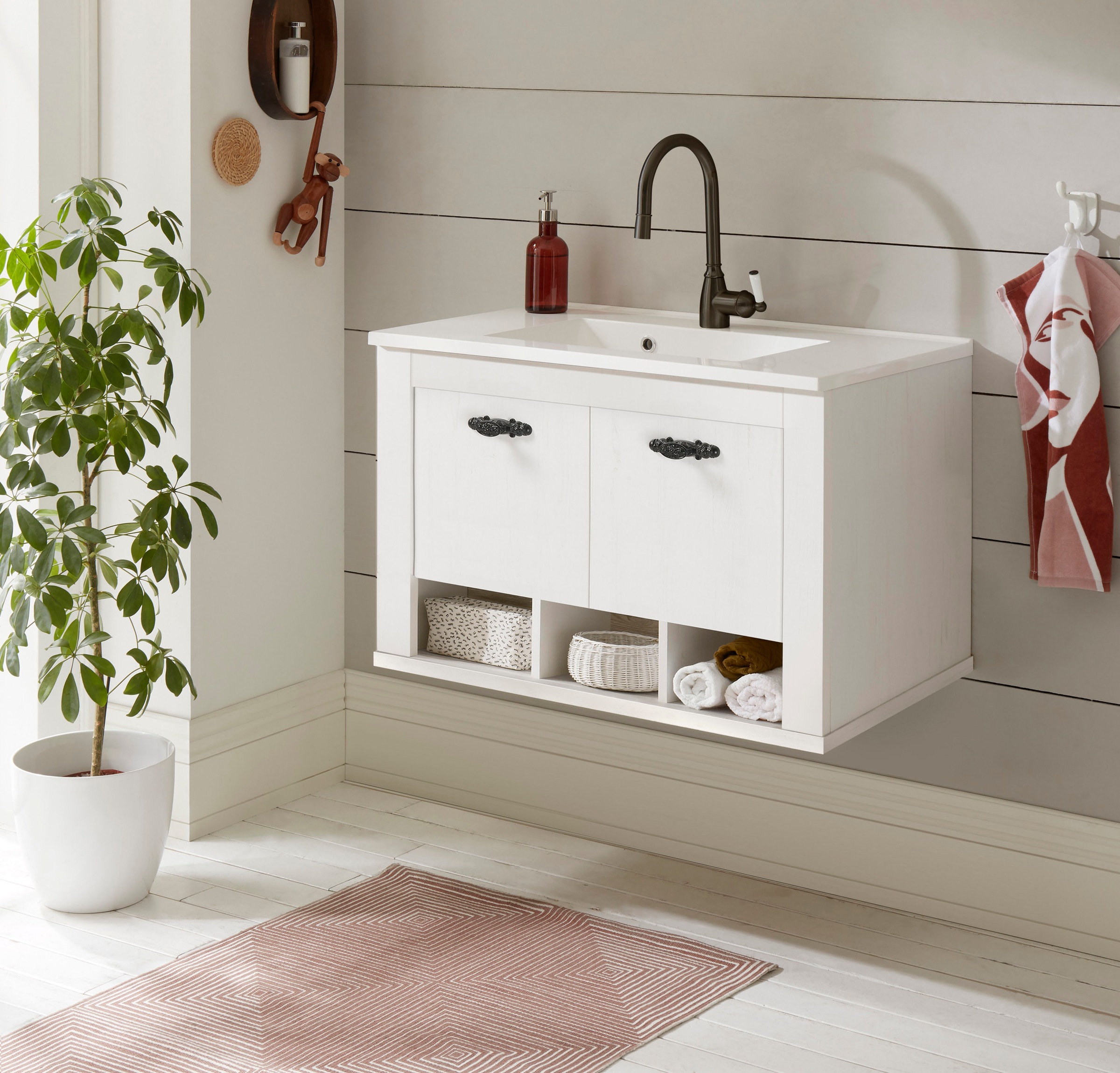 Home affaire Waschtisch »Florenz, Waschbeckenunterschrank inkl. Waschbecken, Metallgriffe«, in Pinie Weiß, hängend, Breite 82 cm, inkl. Mineralgussbecken