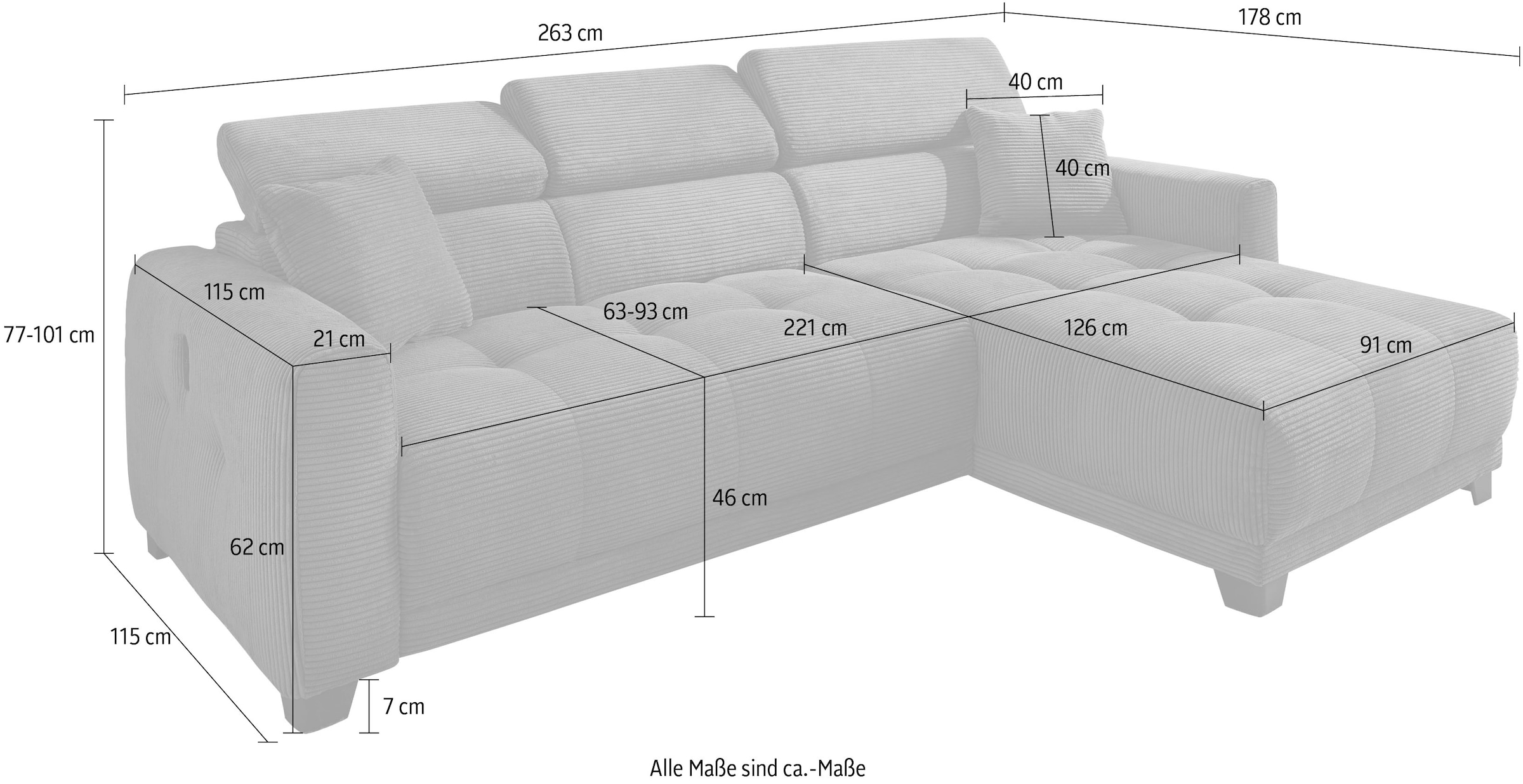 Jockenhöfer Gruppe Ecksofa »Cremona, L-Form, B: 263cm, 30 cm elektrischer Sitztiefenverstellung« 140kg Belastbarkeit je Sitz, verstellbaren Kopfstützen & USB-Ladeports