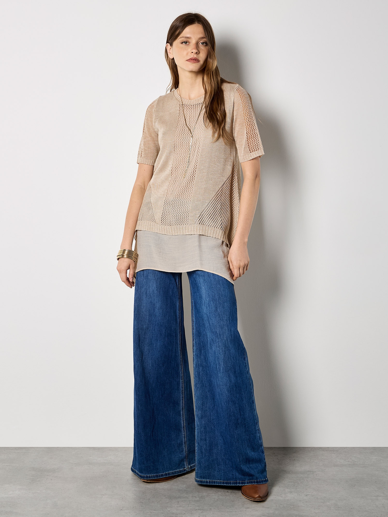 Apricot Longbluse "Gestaffelte Tunika aus Pointelle-Strick" Einfarbig