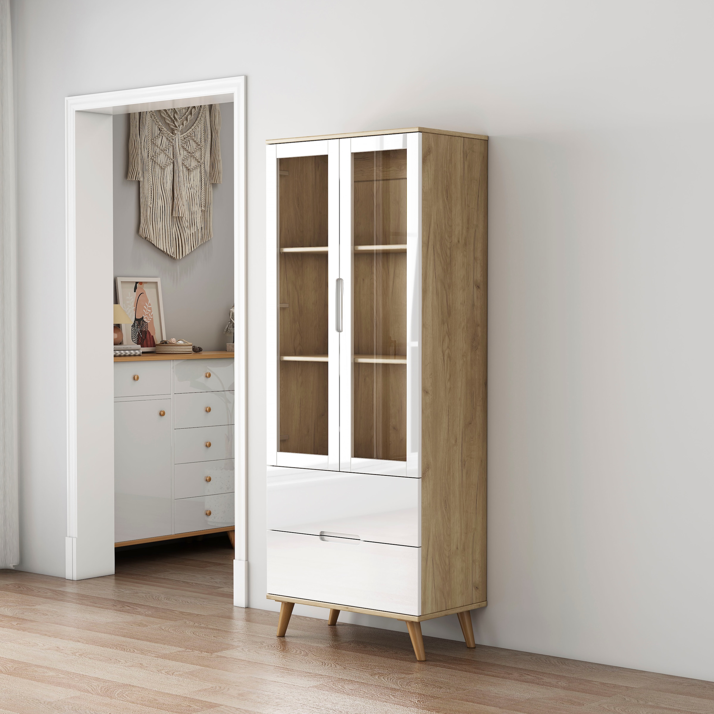 OTTO home Highboard »Lund« mit glänzenden Fronten, Glastüren, helles Holzdekor, Breite 70 cm