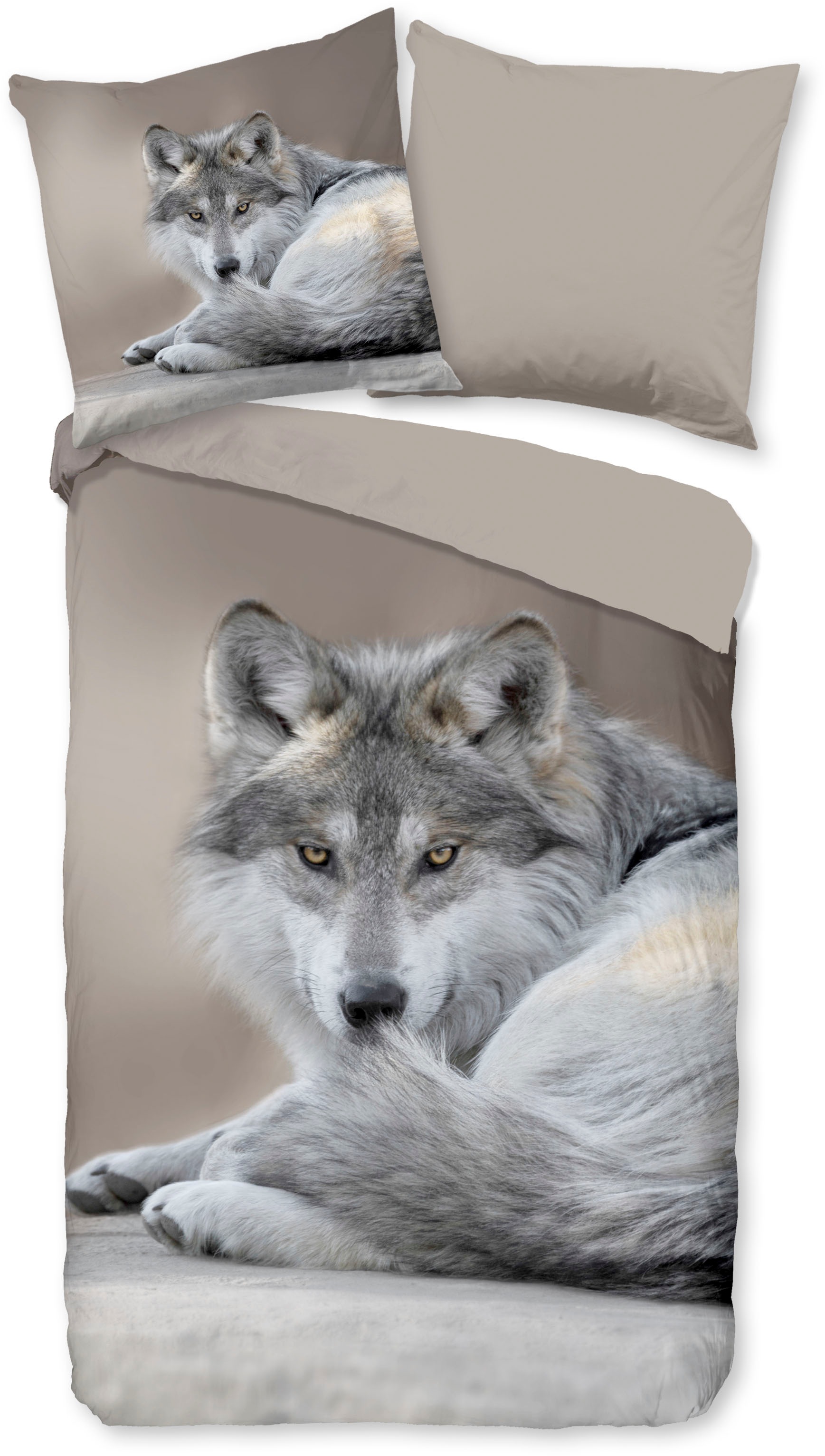 PURE luxury collection Wendebettwäsche "Sharp Wolf", Mikrofaser, 135x200, Pflegeleicht Reißverschluss, Wende, Wolf, Taup