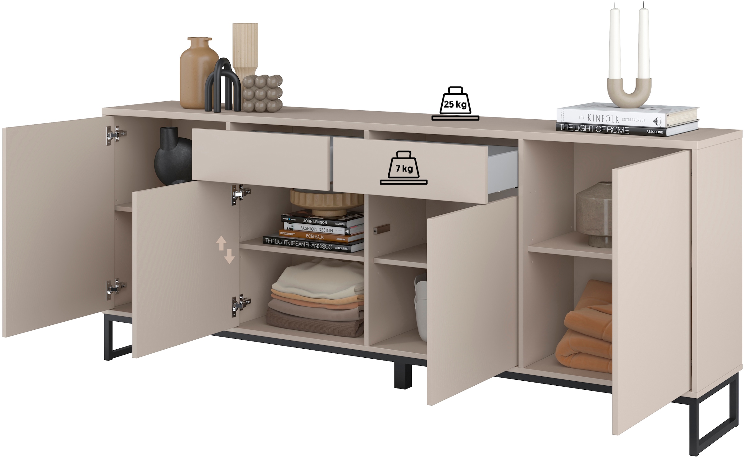 Home affaire Sideboard »Alto, Breite 208,5 cm, grifflose Kommode 4 Türen/2 Schubkästen.« Schubladenschrank mit viel Stauraum, Einlegeböden verstellbar