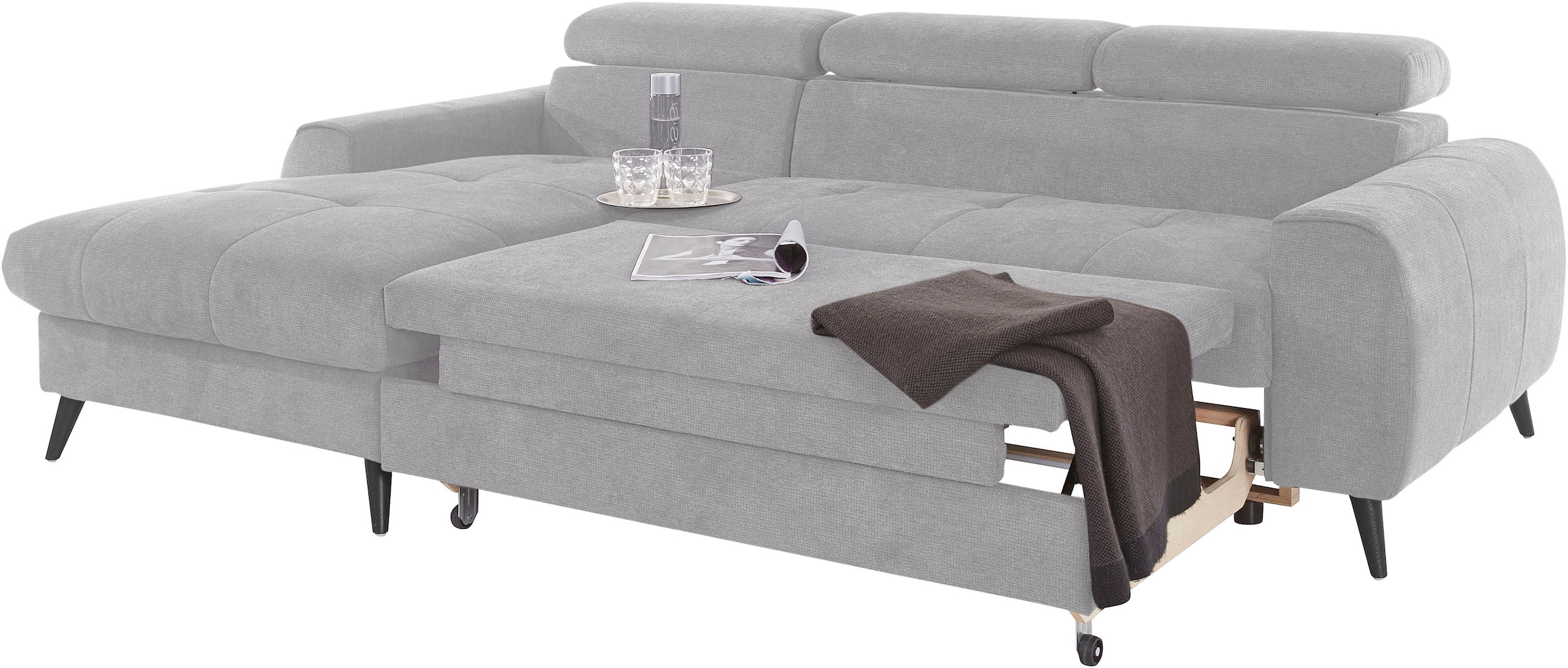 COTTA Ecksofa »Mia L-Form mit 3 Zierkissen«, wahlweise mit Bettfunktion, Bettkasten, Beleuchtung & Wireless-Charger