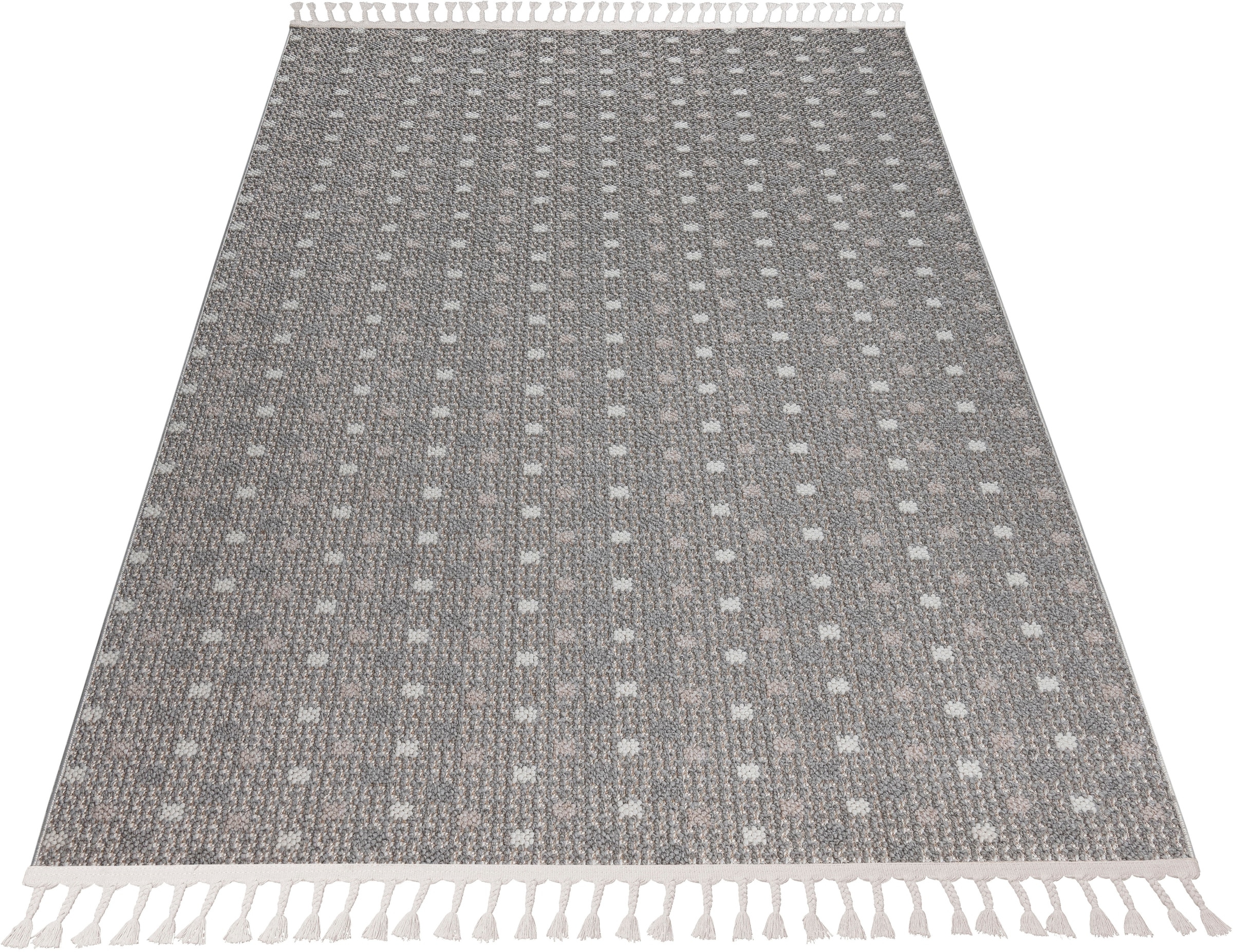 Bruno Banani Teppich »Dotty«, rechteckig, 6 mm Höhe, Woll-Optik, Hoch-Tief Struktur, In- und Outdoor geeignet, mit Fransen