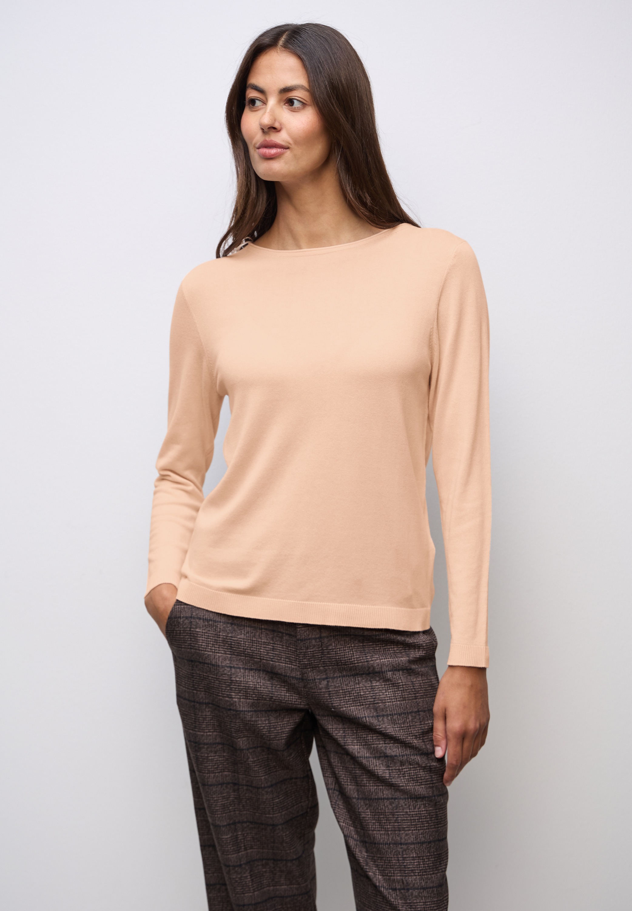 Strickpullover STREET ONE, Damen, Gr. 44, orange (apricot blush), Stoff, 60% Viskose, 40% Baumwolle, unifarben, normal normal, U-Boot-Ausschnitt, Bündchen, Pullover Strickpullover, mit U-Boot-Ausschnitt