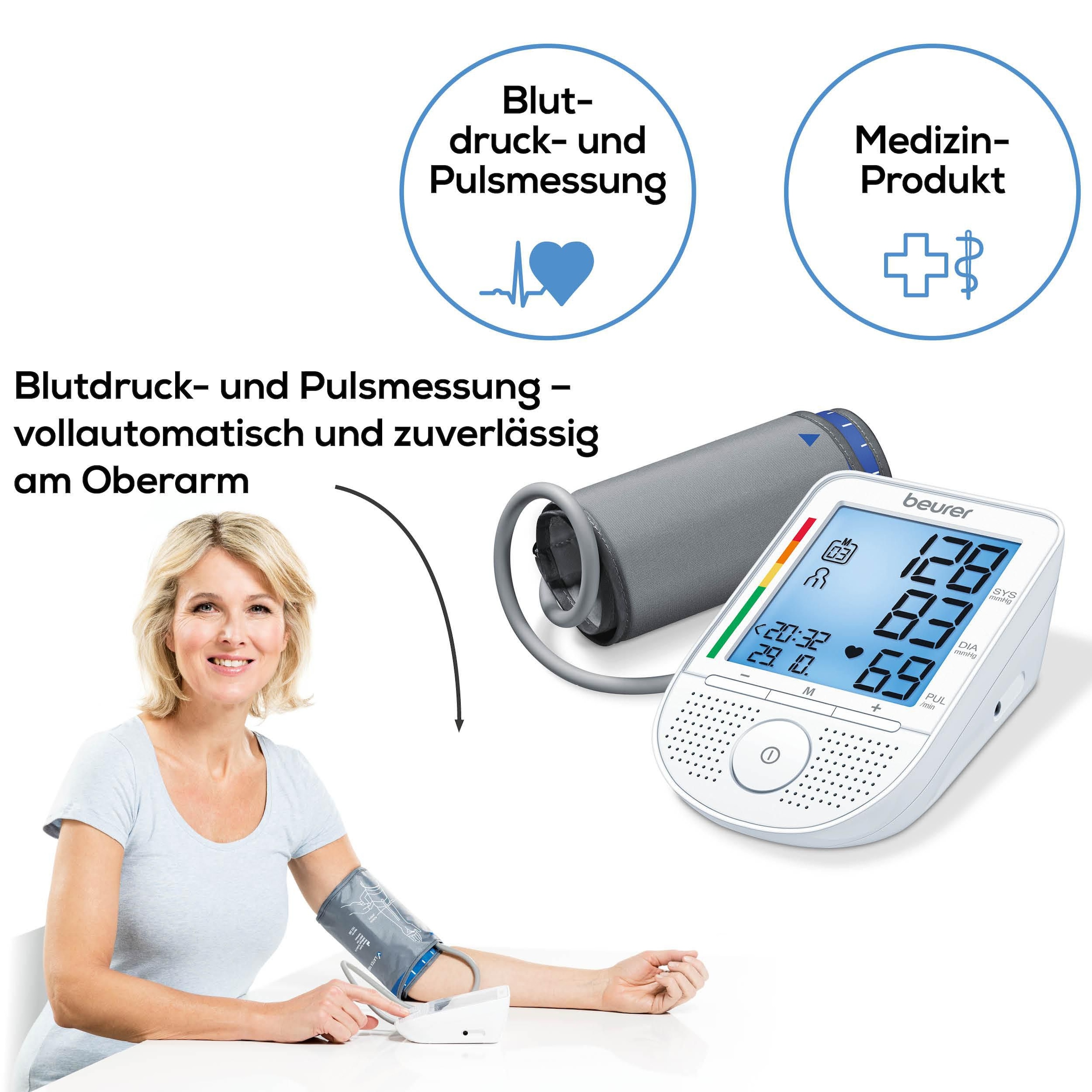 BEURER Oberarm-Blutdruckmessgerät »BM 49 mit Sprachausgabe in DE, FR, IT, NL«, Mit Arrhythmie-Erkennung, inkl. Aufbewahrungstasche und Blutdruckpass