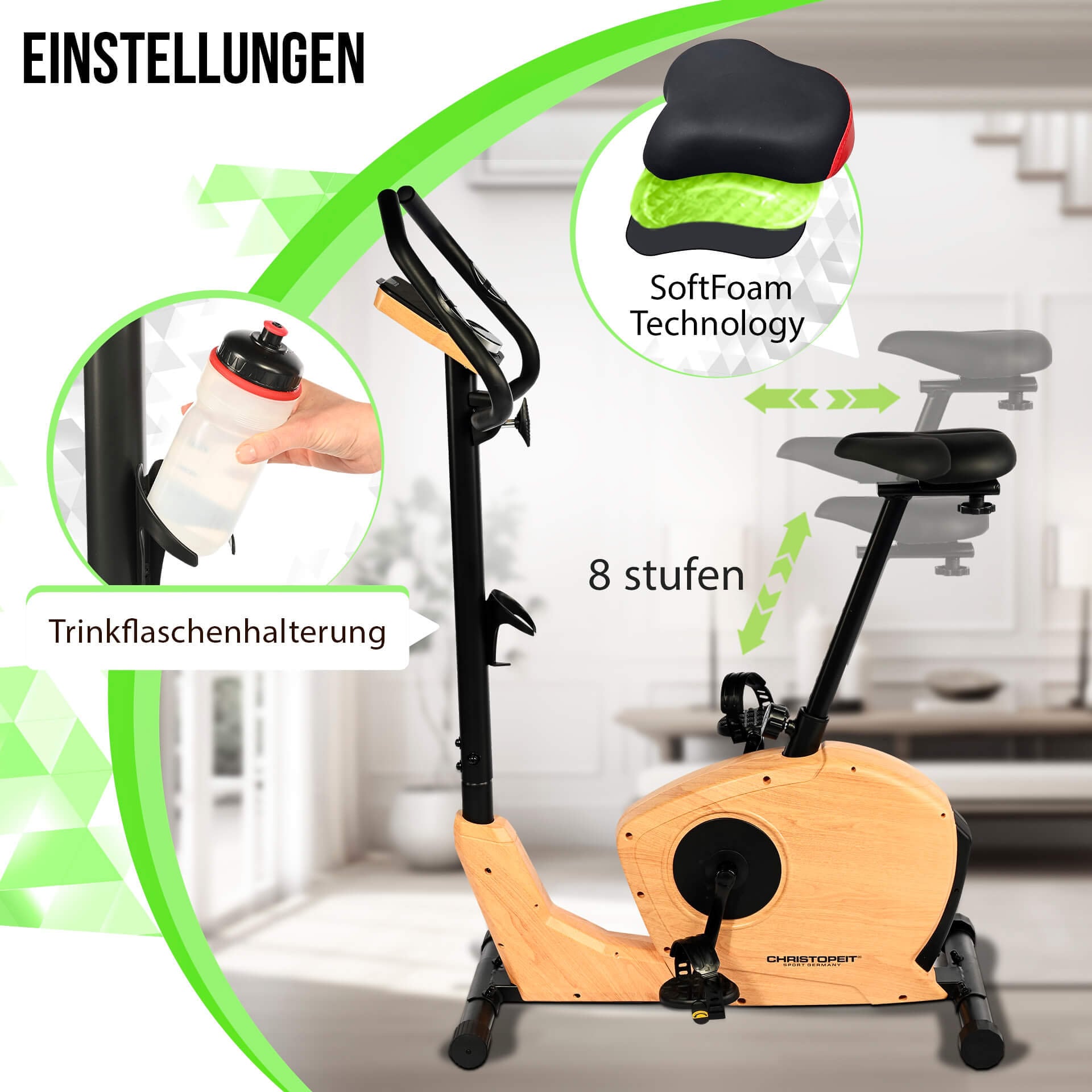 Christopeit Sport® Ergometer »ET 3.2«, (Elegante Holzoptik, Kinomap kompatibel), Schwungmasse ca. 7 kg, 32 Widerstandsstufen