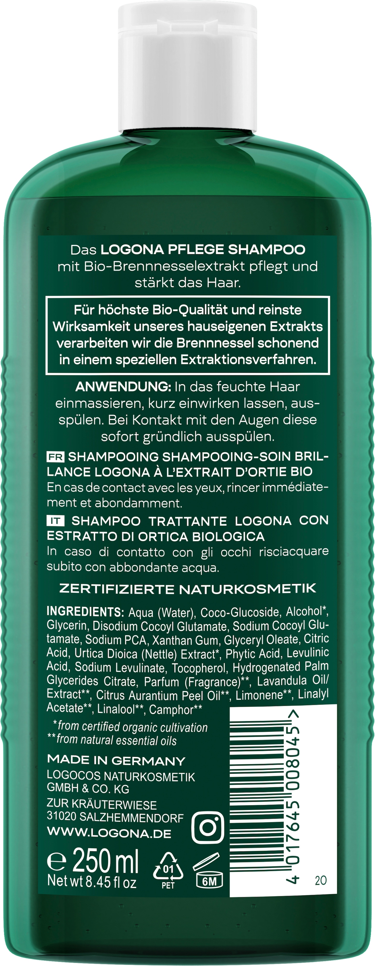 LOGONA Haarshampoo »PFLEGE SHAMPOO BIO-BRENNNESSEL« mit Bio-Brennnesselextrakt, vegan, pH-hautneutral, für alle Haartypen