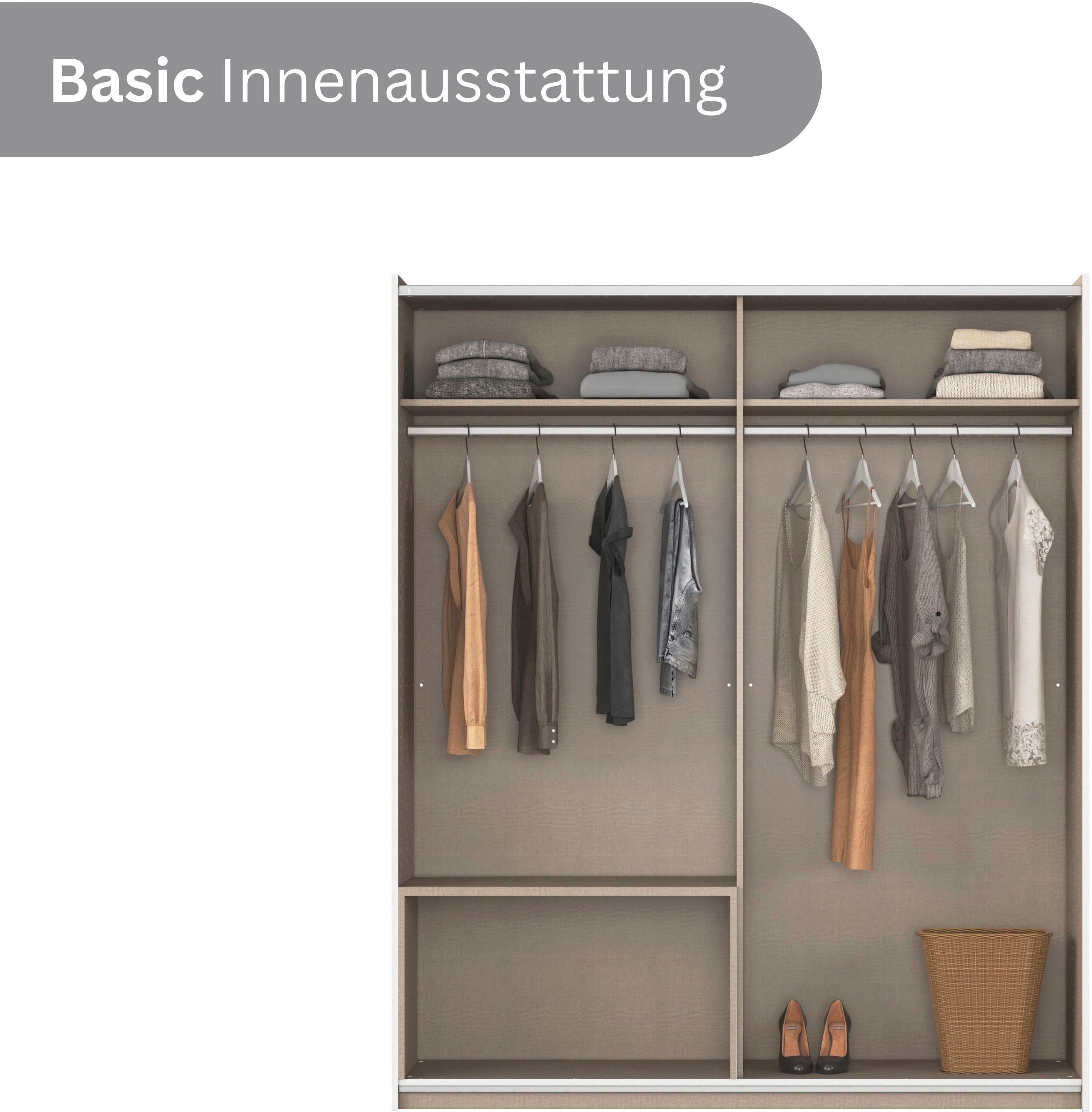 rauch Schwebetürenschrank »Kleiderschrank Schrank Garderobe Wäscheschrank SEVILLA mit Spiegel«, (in 3 verschiedenen Ausstattungen BASIC/CLASSIC/PREMIUM), Metall-Griffleisten alufarben oder Graumetallic MADE IN GERMANY