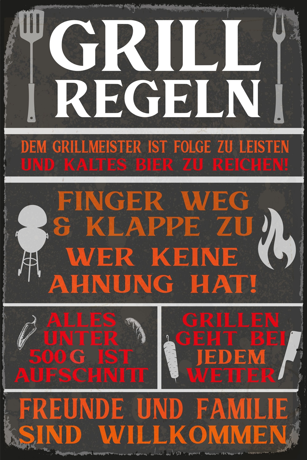 queence Metallbild »Grillregeln«, Geschirr & Besteck, (1 St.), 20x30cm inkl. Aufhängung, Outdoor geeignet
