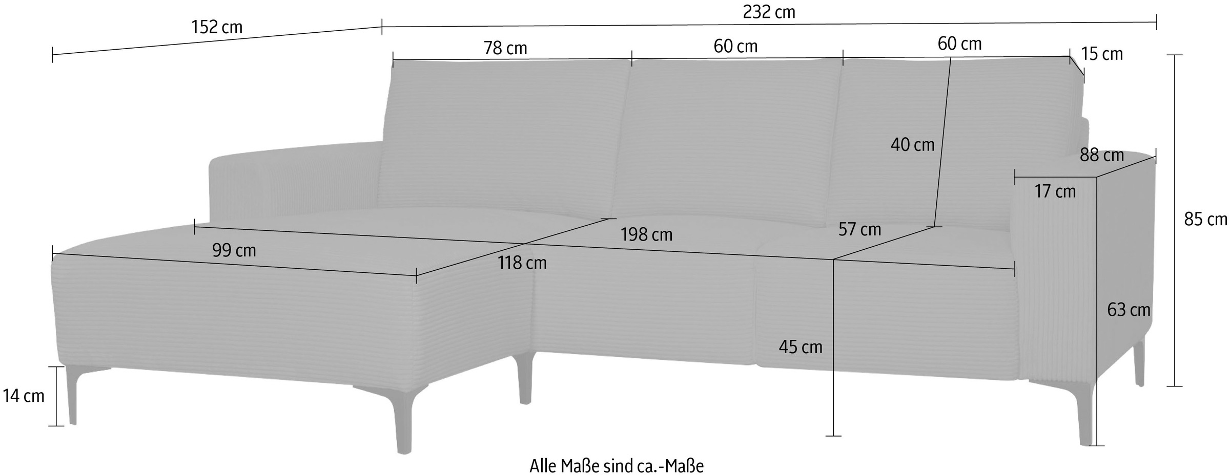 Home affaire Ecksofa »Tournon L-Form, Breite 232 cm, Breitcord« Designsofa im nordischen Stil, Wellenunterfederung, Metallfüße