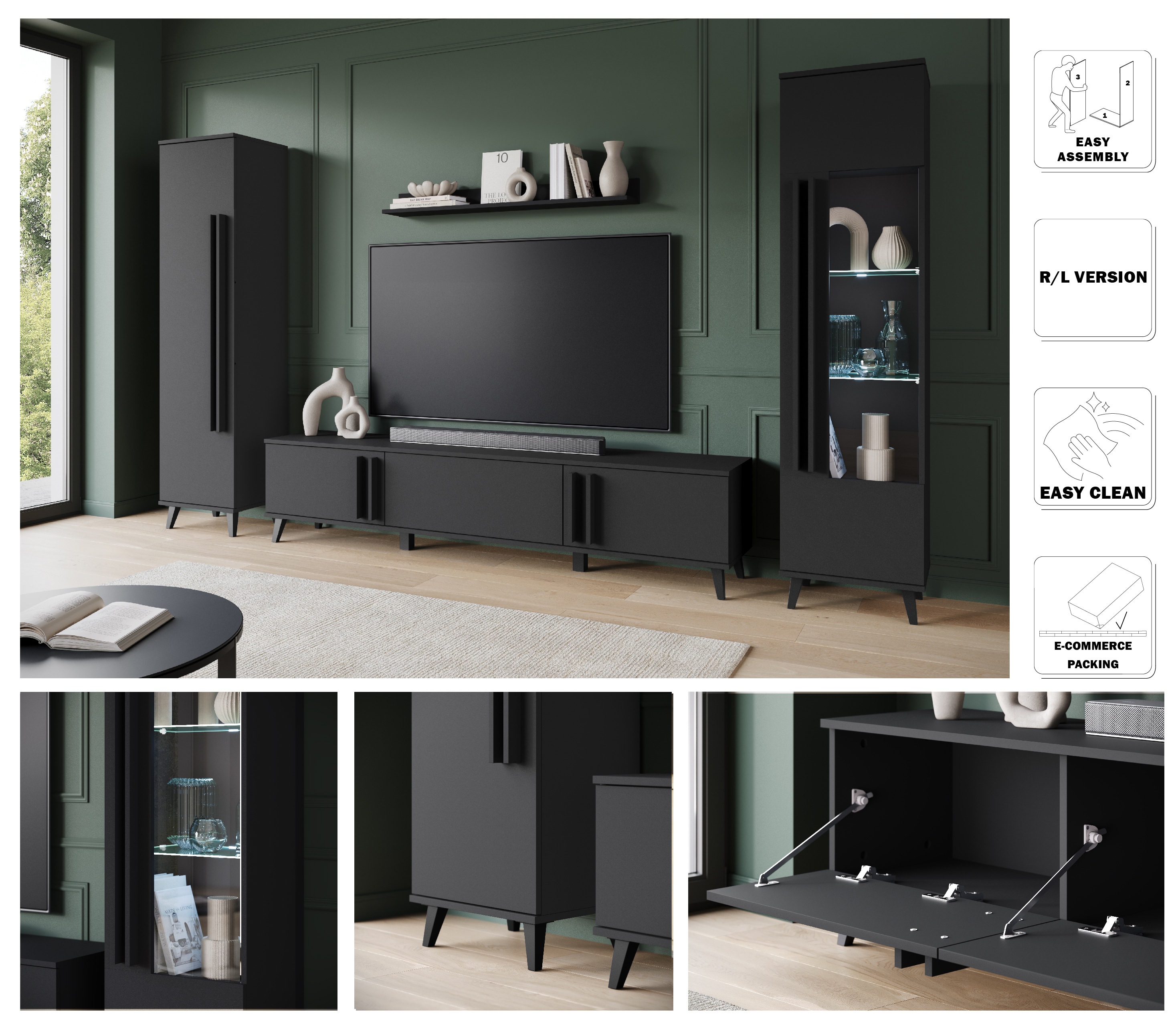 Thumbnail - INOSIGN Wohnwand "Helsinki, Modernes Set mit verglaster Vitrine" Komplett-Set, 4 Stk. tlg. mit lamellengriffen, verstell...