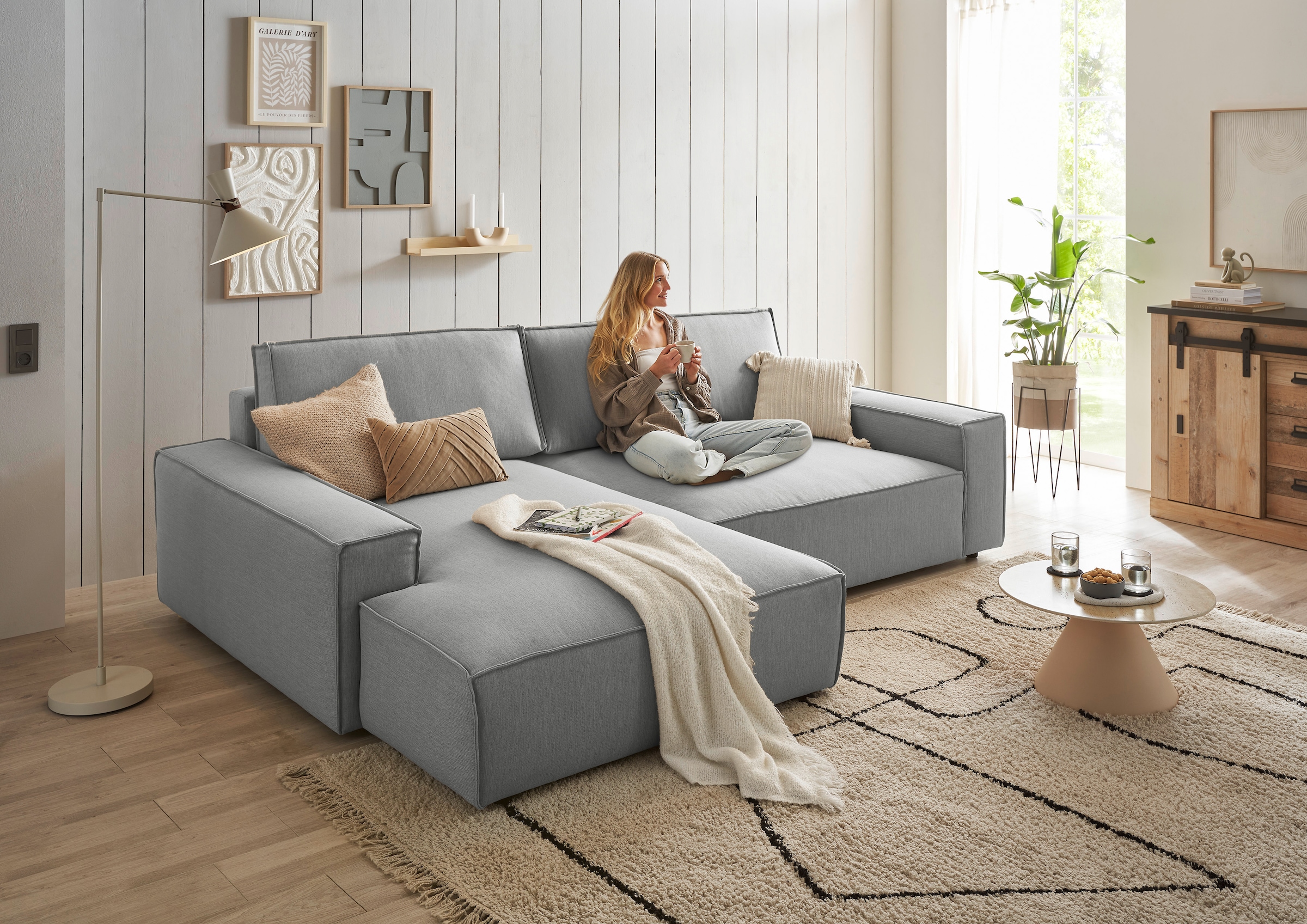 Home affaire Ecksofa »NEU: SHERWOODL XXL 284, Big-Sofa L-Form, tiefe Sitzfläche 95 cm, Cord,«, Leinenoptik, Recamiere rechts/links, auch als Schlafsofa stellbar