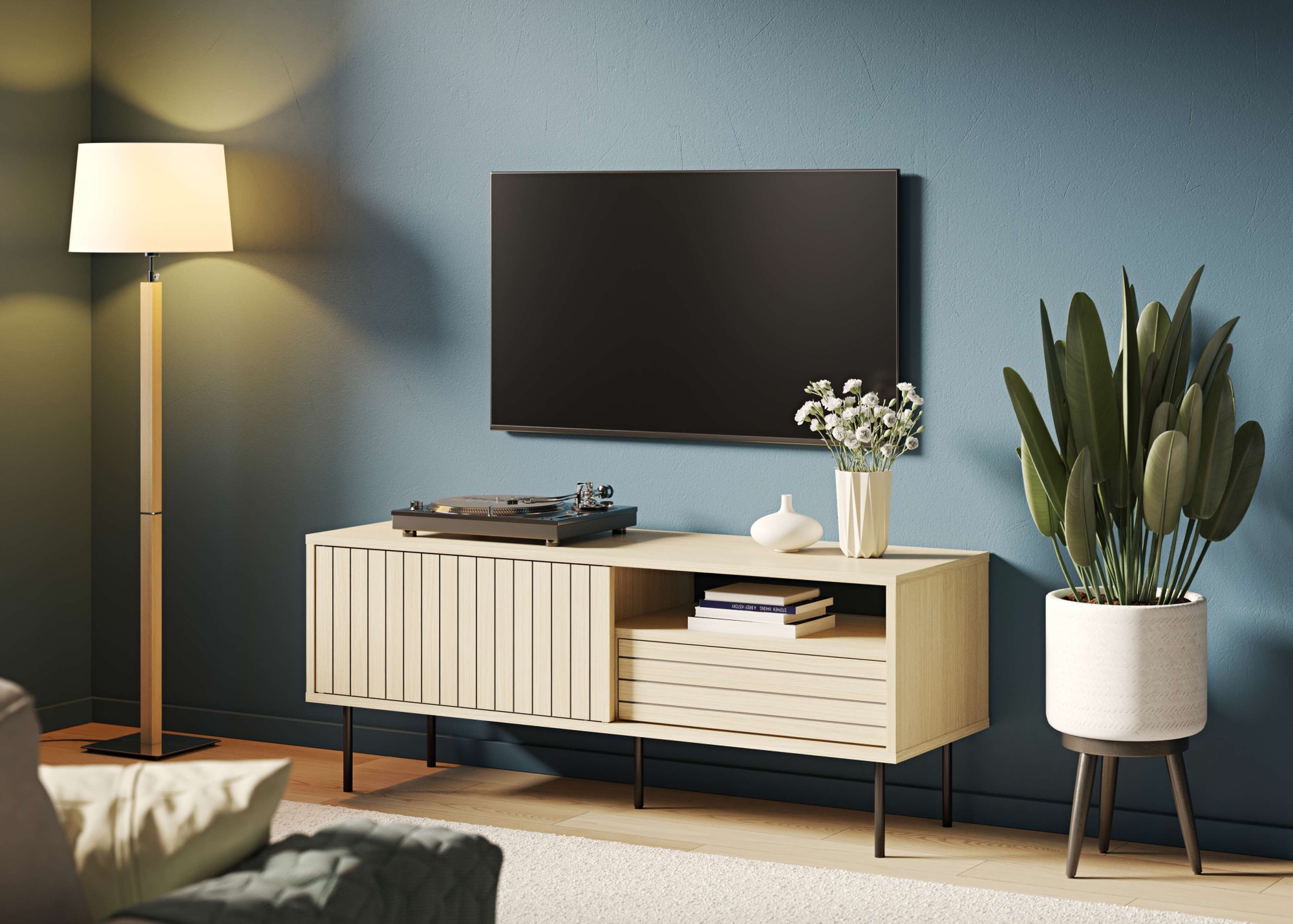 TemaHome TV-Bank "Trivia Lowboard, TV-Schrank, Lamellenfront,", Fronten gestreift, mit Schiebetür, Schublade, Metallfüss