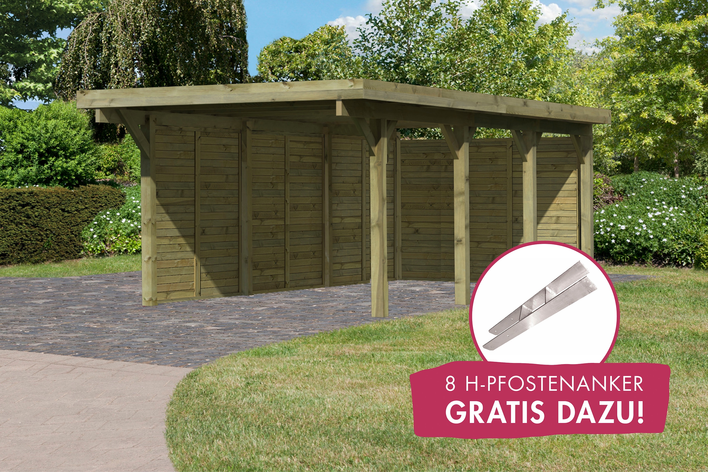 Karibu Einzelcarport »Classic 2«, Holz, 250 cm, braun, mit Rückwand und 3 Seitenwänden