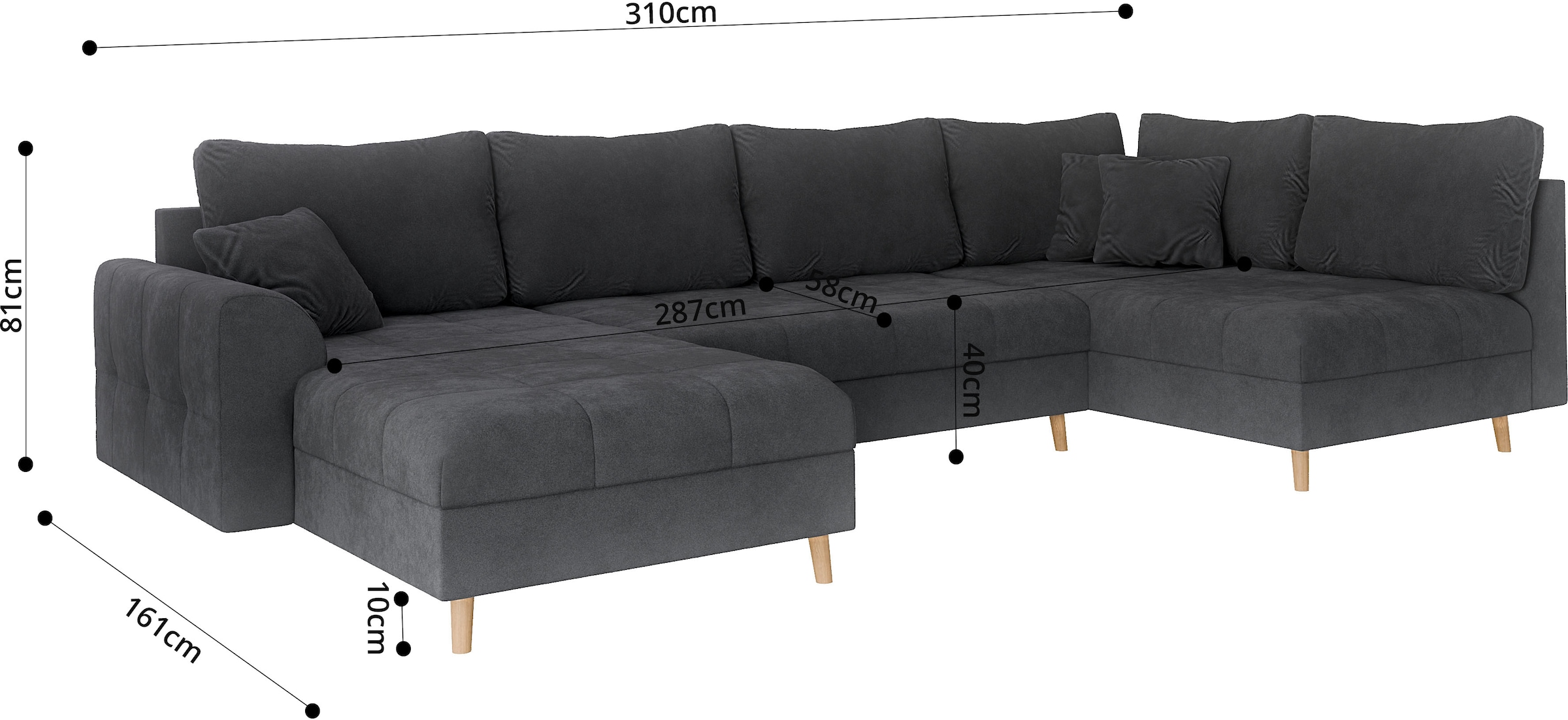 Home affaire Wohnlandschaft »CHARRE U-Form mit Ottomane, Maße B/T/H: 310/161/81 cm« feine Steppung, lose Rücken- und Zierkissen, auch in Cord und Bouclé