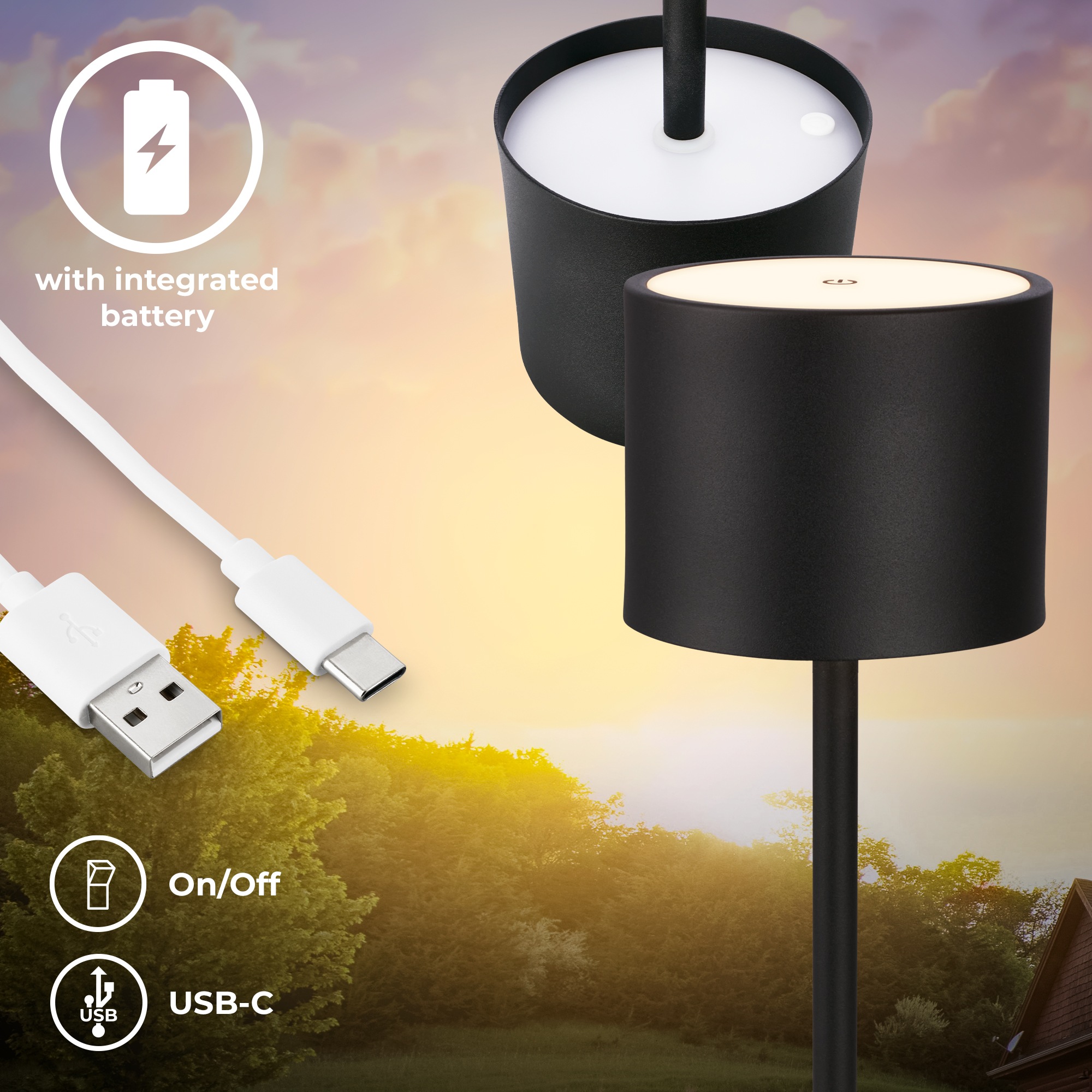B.K.Licht Außen-Tischleuchte »BK_TL1608 Akku Tischlampe mit Ladestation, 3-Stufen Touchdimmer, IP44«, 1 flammig, Leuchtmittel LED-Modul | LED fest integriert, 3.000 K, 230 Lm, 2,5W, Akku wechselbar, max. 12h Leuchtdauer, Weiß