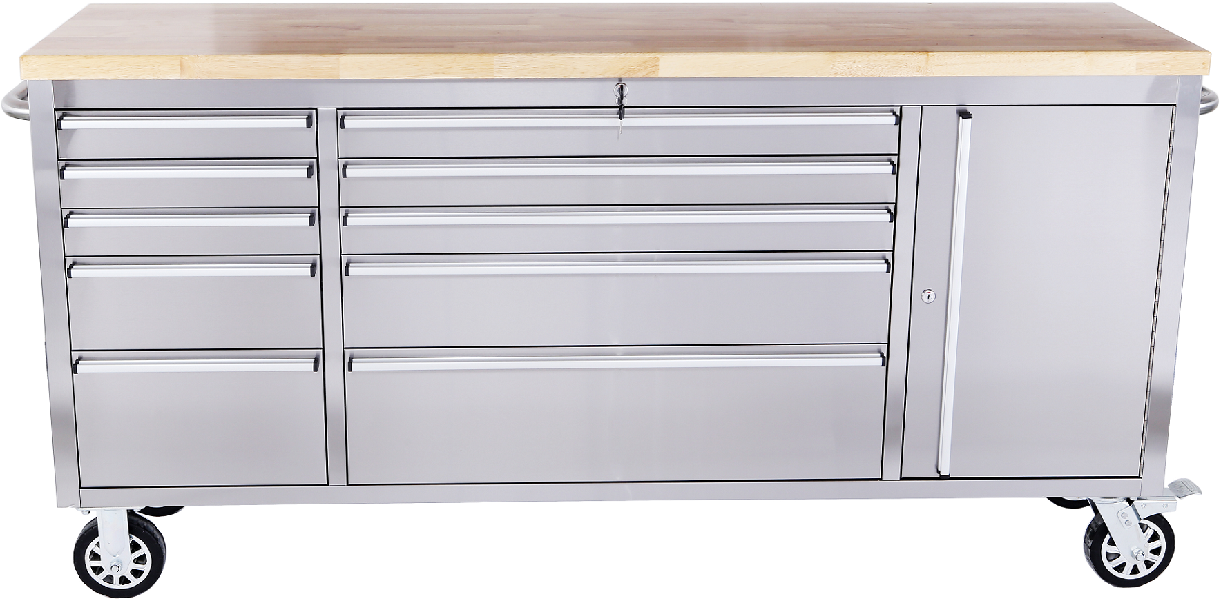 ONDIS24 Werkstattwagen "Werkzeugwagen aus Edelstahl mit 1 Tür 10 Schubladen", B:198cm H:95cm T:49cmsilberfarben, Werkstattwagen, fahrbar,