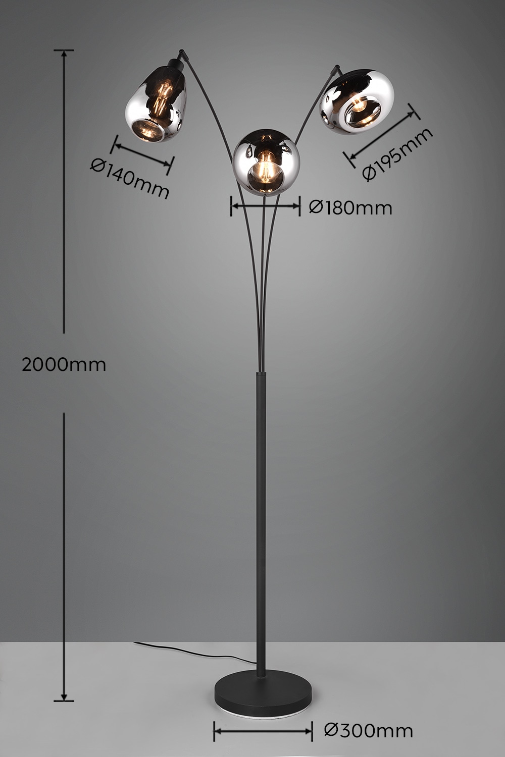 TRIO Leuchten Stehlampe »LUMINA, gebogene Stehleuchte mit Glasschirmen exkl 3x E14 max 10W«, 3 flammig, Leuchtmittel E14 | Leuchtmittel wechselbar, Gläser in 3 Formen sind Chrom bedampft für Spiegel Effekte Fußschalter