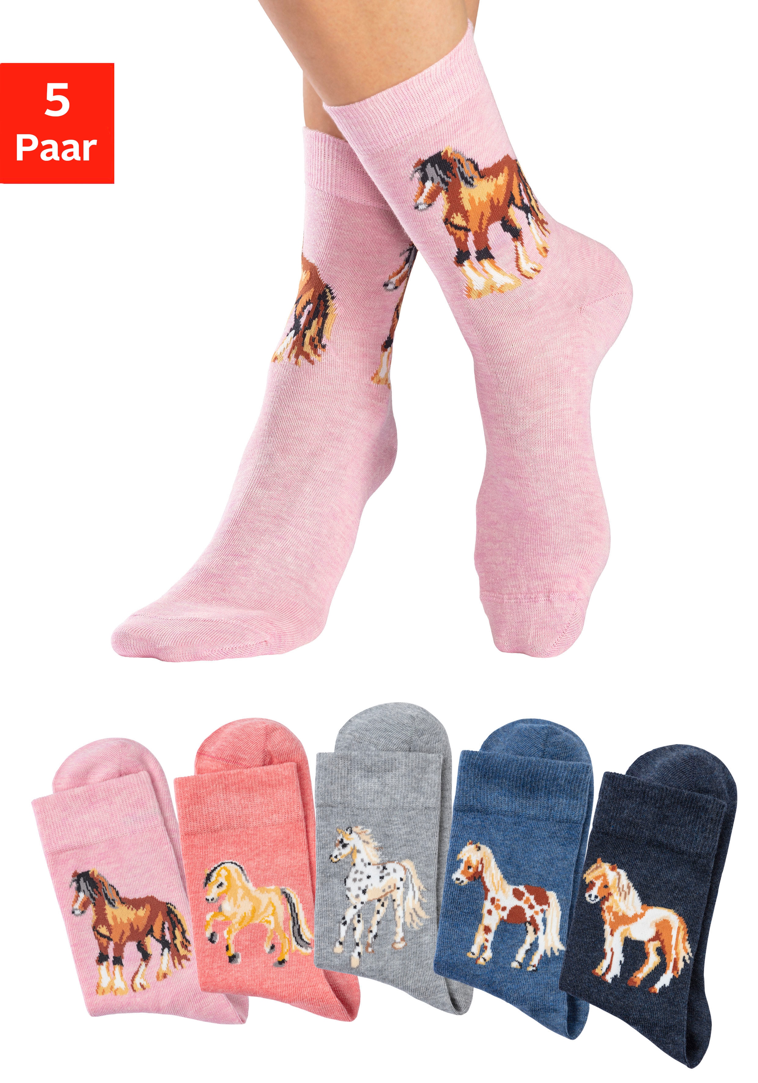 H.I.S Socken "bunte Baumwollsocken für Kinder, Kindergarten & Schule" Packung, 5 Paar tlg. mit unterschiedlichen Pferdemotiven