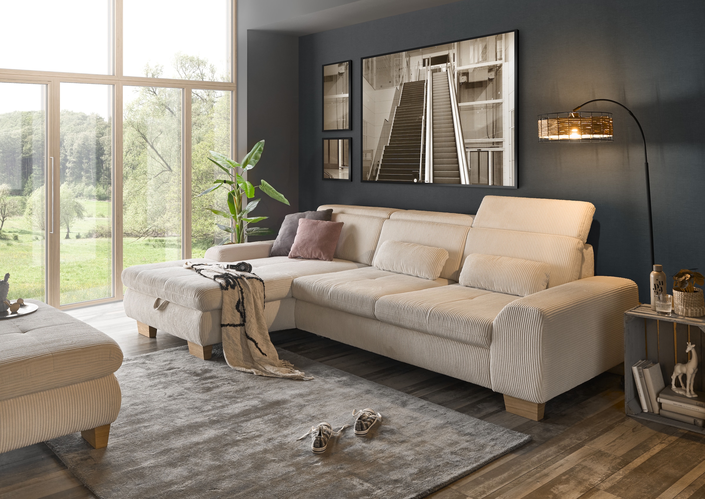 set one by Musterring Ecksofa »SO 3400 Sitzhöhe 47cm oder 49cm, Sitztiefe verstellbar, B/T: 307/195cm«, whlw. mit Funktion, Kaltschaum, in Cord, natur, Sitzhöhe 47