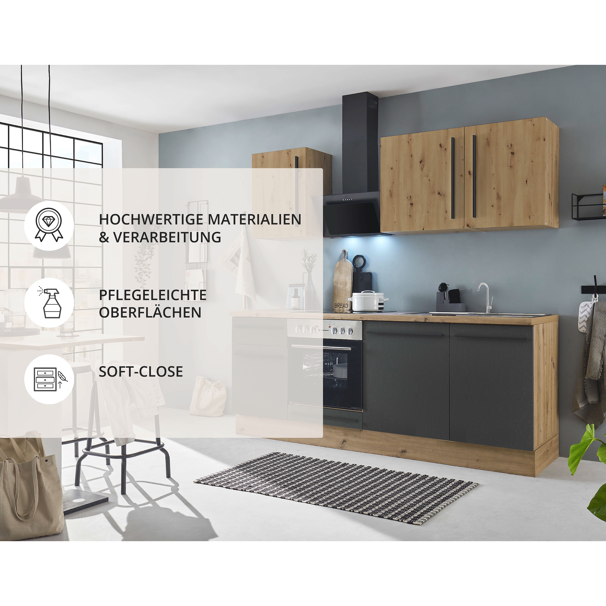 KOCHSTATION Küchenzeile »Florida mit 38mm starker Arbeitsplatte«, Breite 220 cm, wahlweise mit E-Geräten, Soft-Close-Funktion