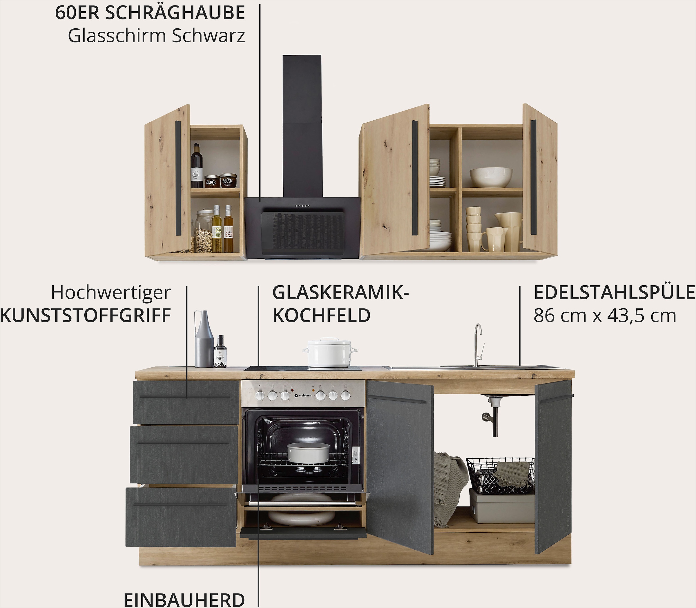 KOCHSTATION Küchenzeile »KS-Florida mit 38mm starker Arbeitsplatte«, Breite 210 cm, wahlweise mit E-Geräten, Soft-Close-Funktion