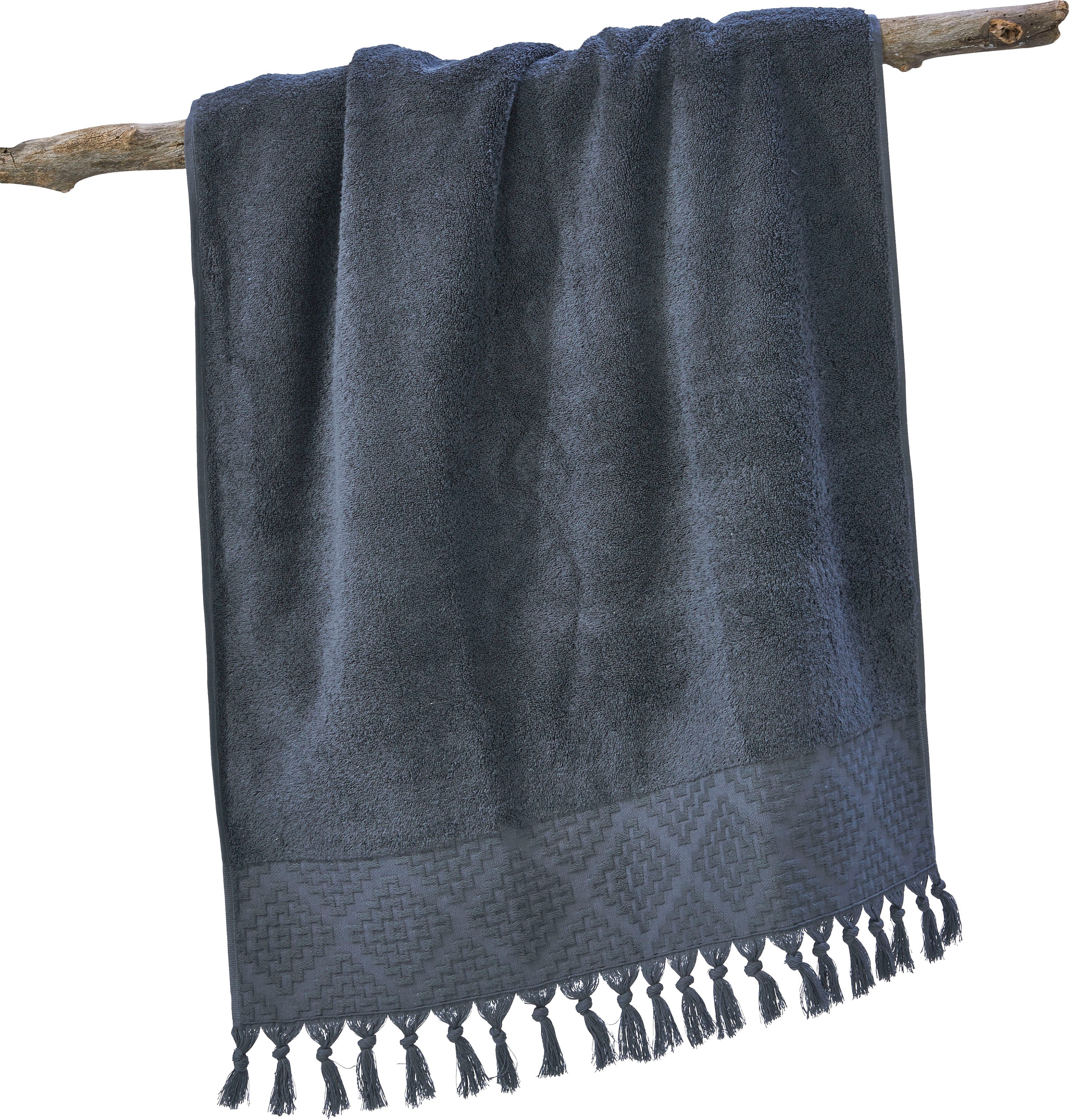 done.® Duschtuch »Provence Bohéme«, (1 St., Duschtuch 70 x 140 cm), Uni Farben, Boho-Style, mit auffälliger Borte & Fransen