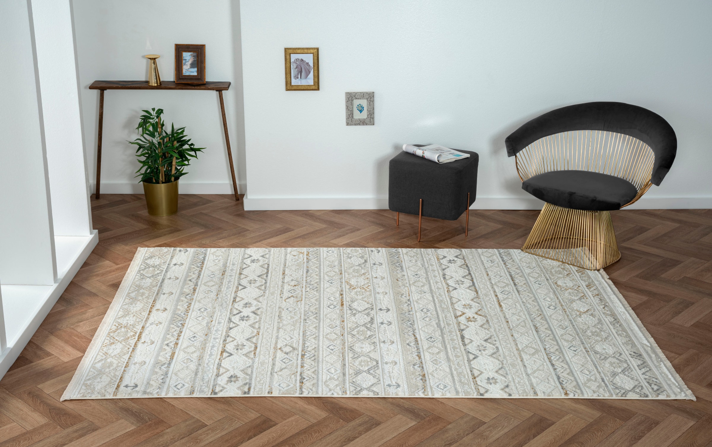 Teppich "My Nomady, LAGERRÄUMUNG", beige (creme, hellgrau, altgoldfarben), B:160cm H:10mm L:230cm, Polyester, MYFLAIR MÖBEL & ACCESSOIRES, Teppiche, Teppich, Kurzflor, Scandi-Design, besonders weich durch Microfaser, mit Fransen