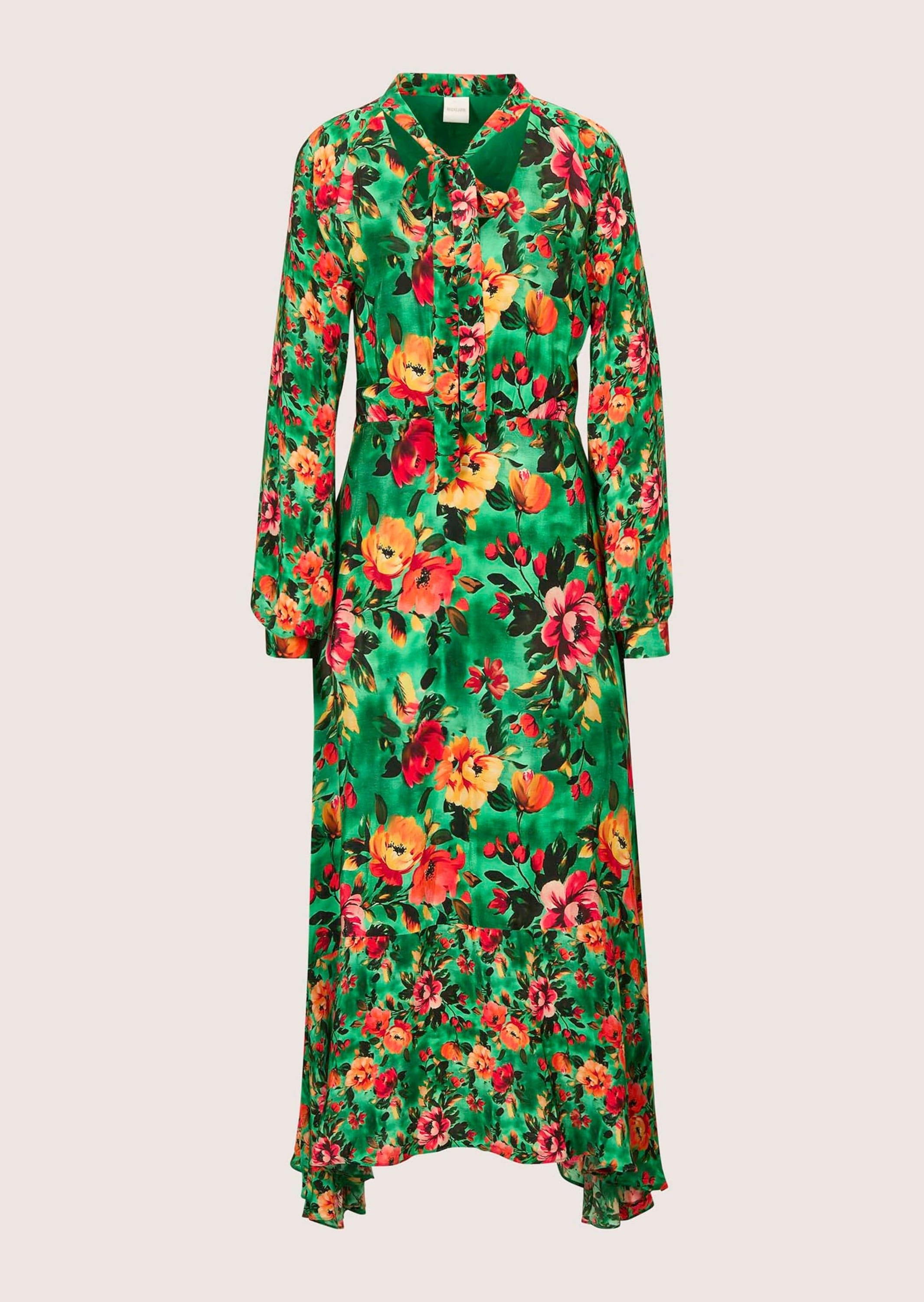 Druckkleid MADELEINE "Druckkleid Stretchkleid mit Blumenmuster", Damen, Gr. 46, N-Gr, bunt (opalgrün, multicolor), Obermaterial: 100% Viskose CV., Modern, figurumspielend, Kleider Druckkleid, Mit Bindeband am Ausschnitt