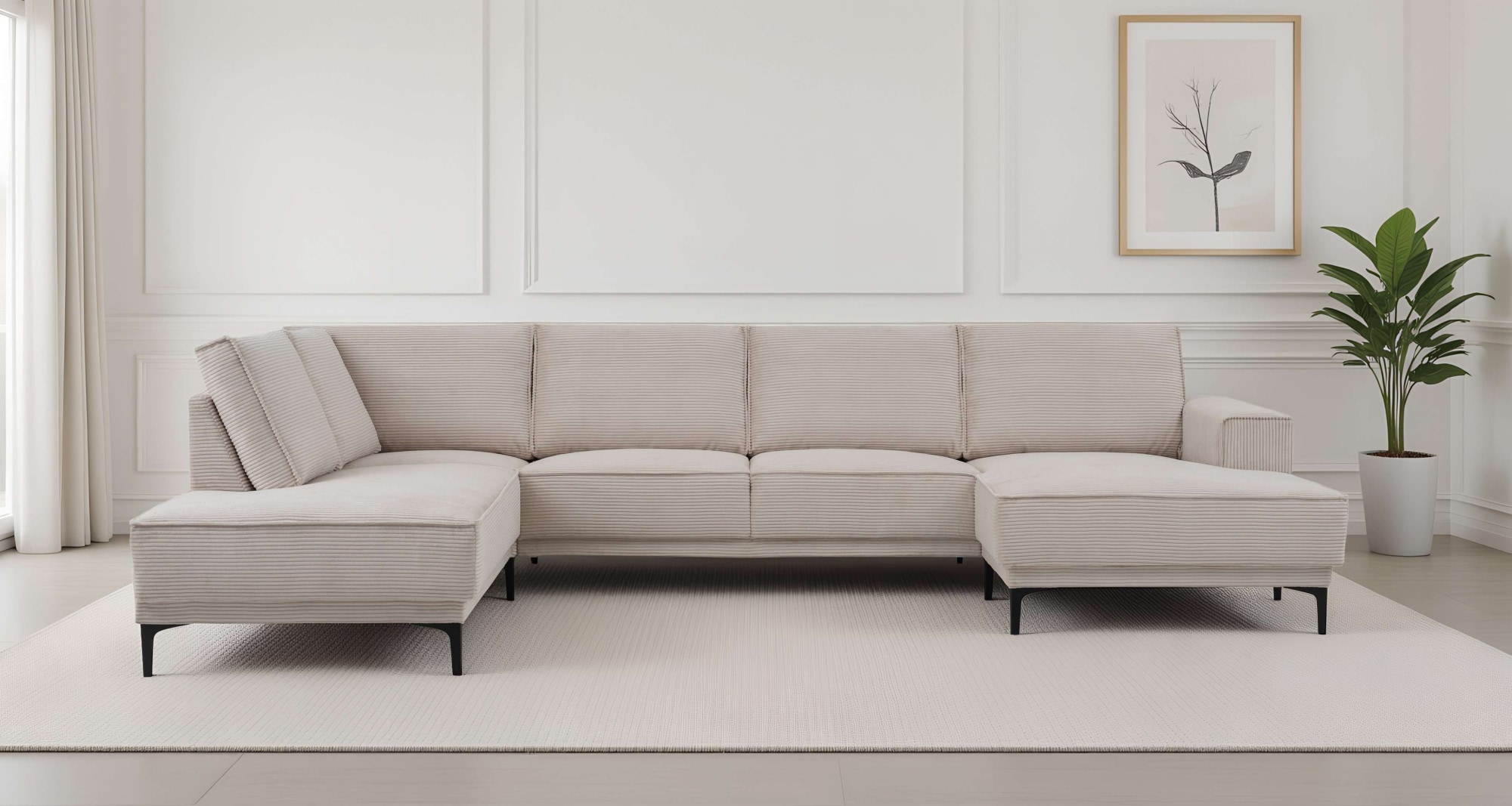 OTTO home Wohnlandschaft "OLAND Cord U-Form, XXL, B: 345 cm, Skandi-Design" U-Form, 345 cm, Wellenunterfederung, Skandi-Design, Metallfüße