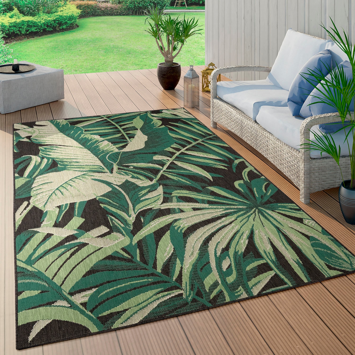 Paco Home Teppich »Ostende Flachgewebe, auf und In- | Motiv rechteckig, Outdoor 551«, BAUR Rechnung geeignet Palmenblätter