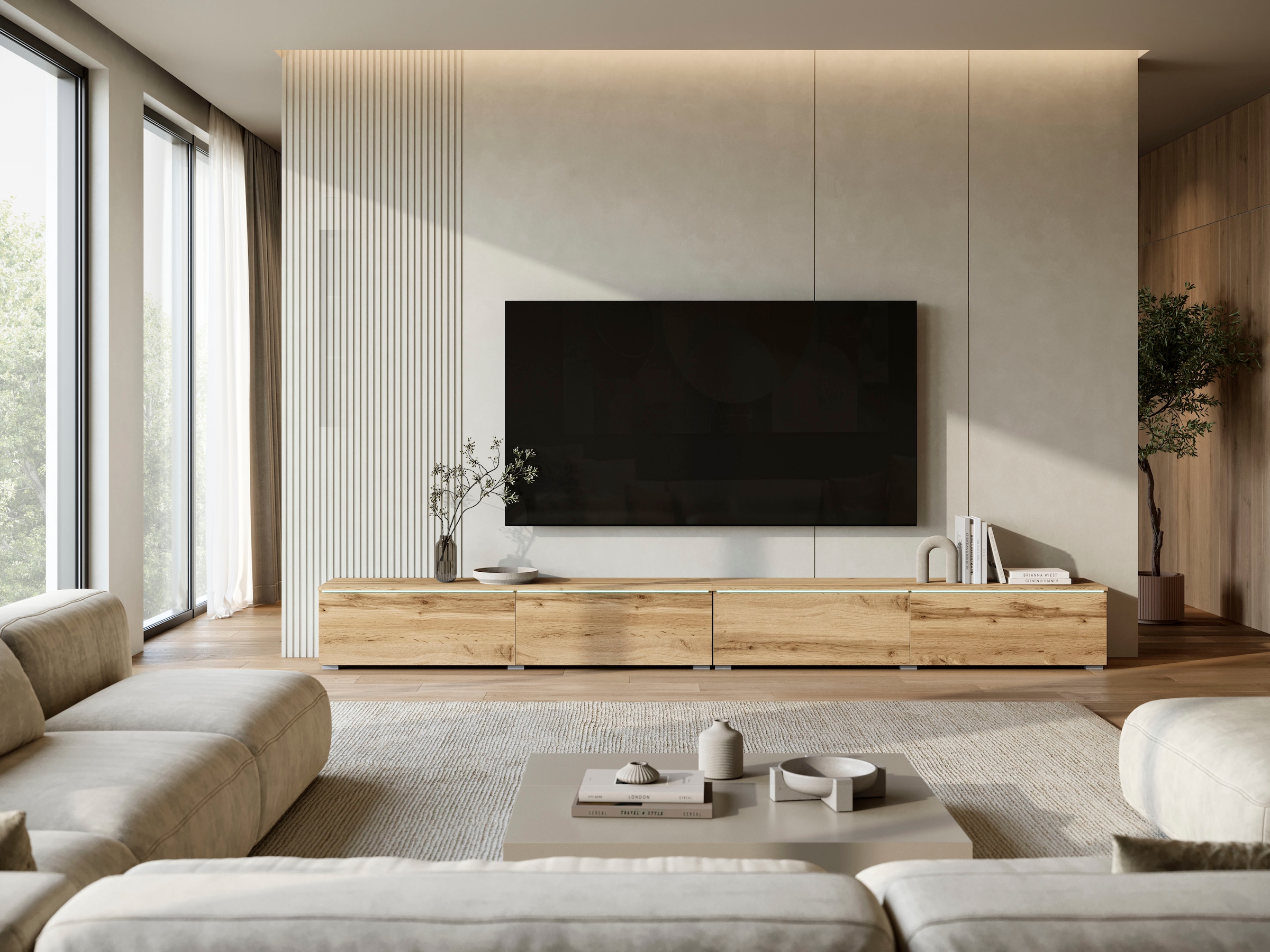 Home affaire Lowboard »Vera, TV-Schrank, Breite 300 cm, verschiedene Farbausführungen« 1 Stk. tlg. Mit LED, 4 Klappen, grifflose Fronten, hängend oder stehend