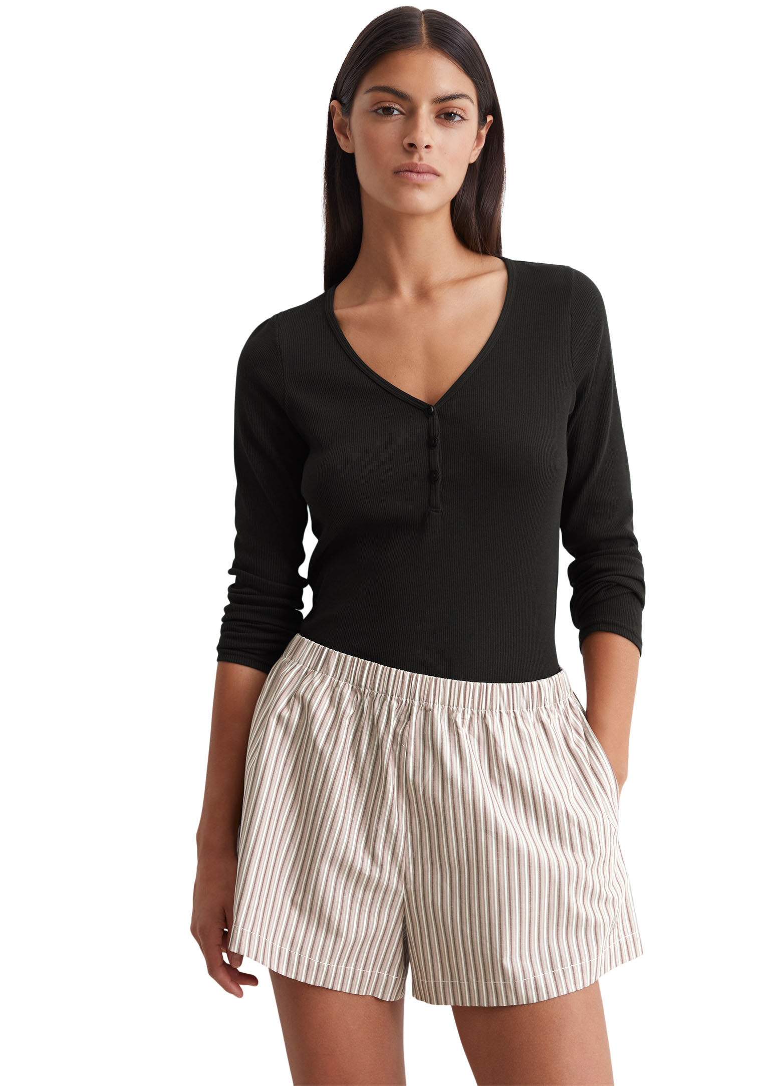MARC O'POLO Damen Shorty "Mix & Match Cotton-Woven", Gr. L, schwarz, Feinripp, Obermaterial: 95% Baumwolle, 5% Elasthan, gestreift, unifarben,