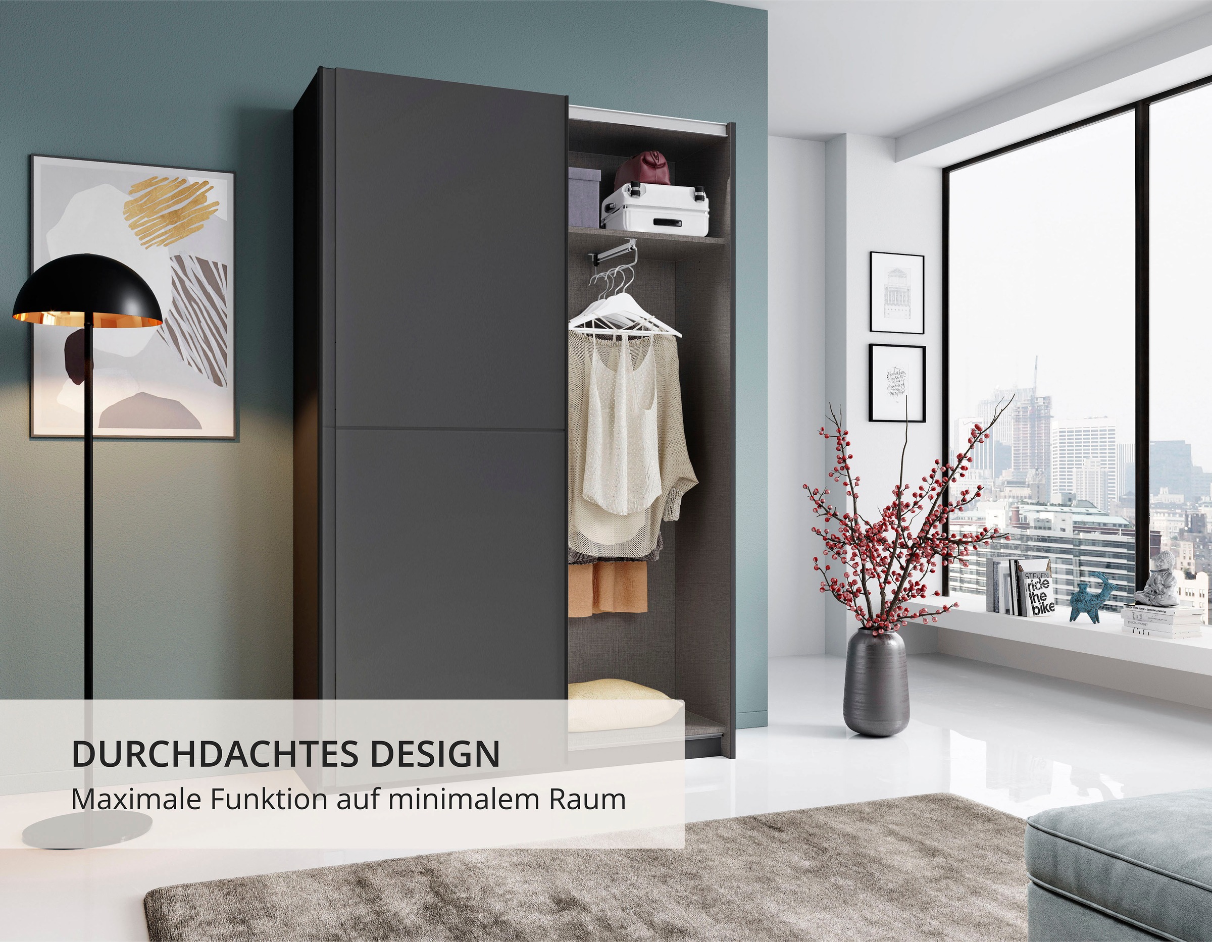 Schlafkontor Schwebetürenschrank »Heimo/Fast Schrank Kleiderschrank Garderobe«, geringe Tiefe, ausziehbarer Kleiderstange, Garderobenschrank, 6 Böden