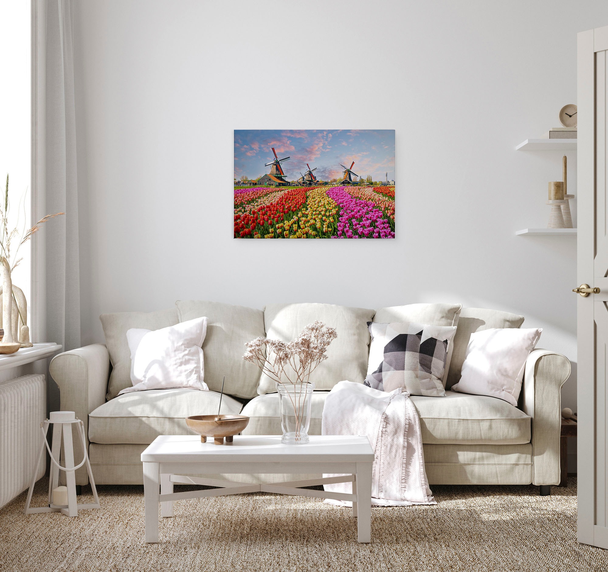 A.S. Création Leinwandbild »Zaanse Schans«, Kunst-Landschaft-Kinder, (1 St.), Keilrahmen Blumenfeld Tulpenfeld Holland Leinwand-Bild Wohnzimmer Wand