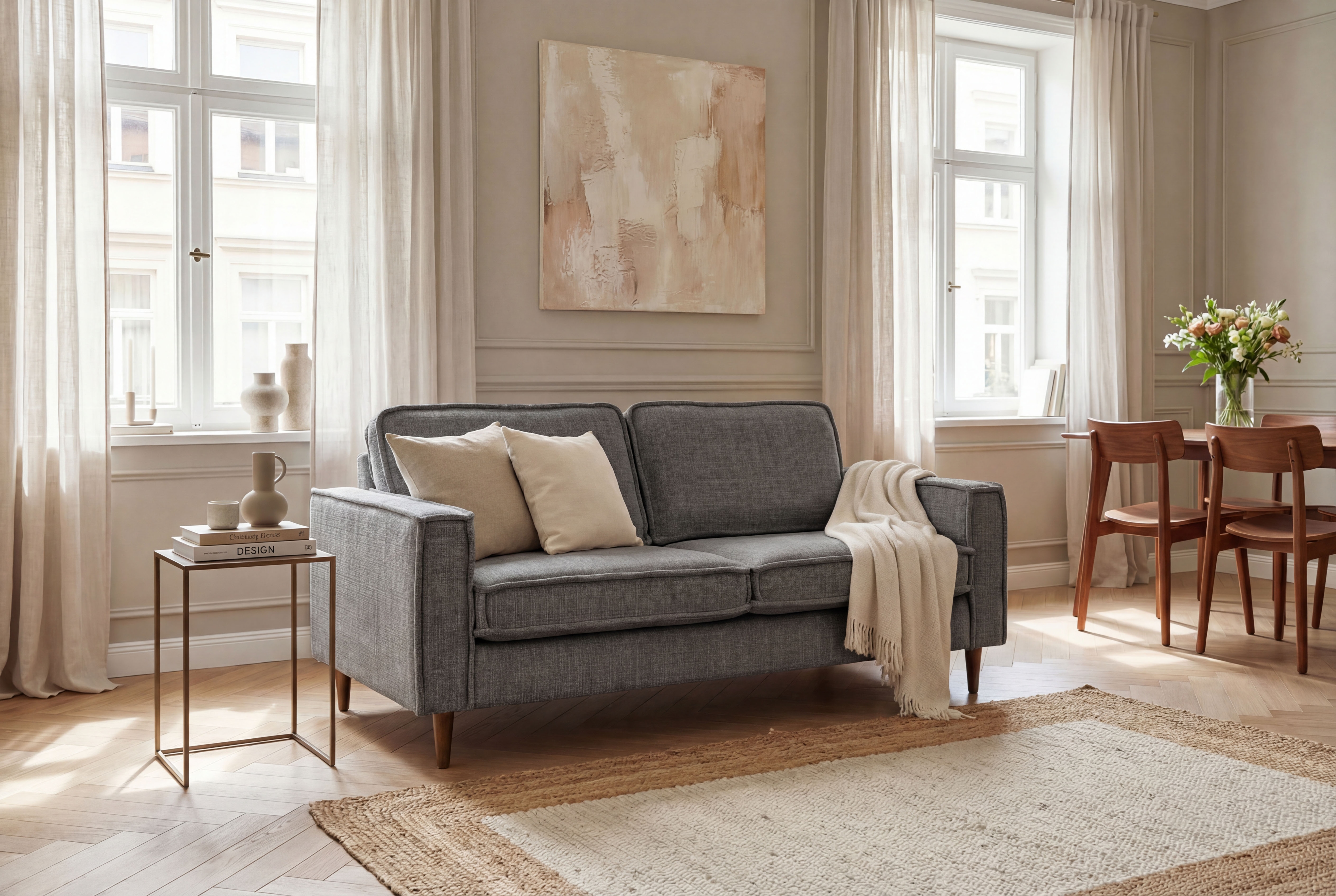 OTTO home 2-Sitzer "Pinto Skandi, 166 cm, Chenille, Struktur" mit Keder, Massivholzfüße Eiche geräuchert, Wellenunterfederung