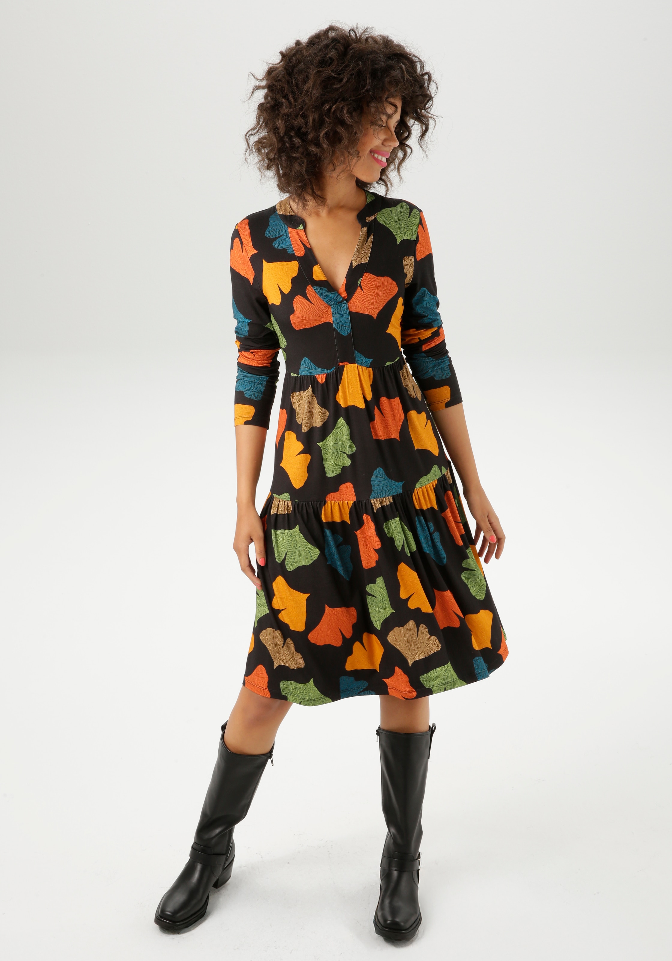 Aniston CASUAL Jerseykleid mit bunten Blättern bedruckt - jedes Teil ein Un günstig online kaufen