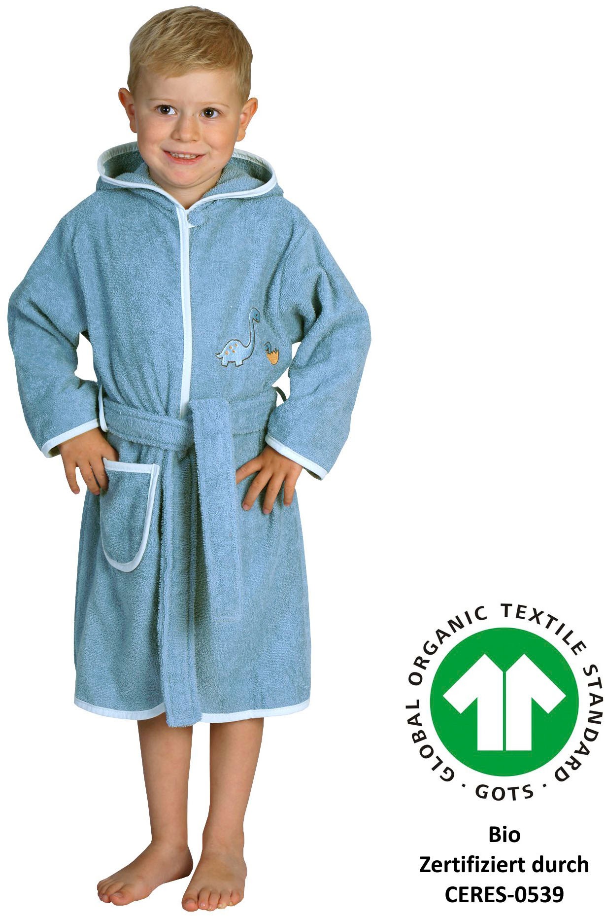 Kinderbademantel WÖRNER, blau, Baumwolle, Hausmäntel, "Dinofamilie", Biobaumwolle, mit Stickerei, mit Tasche