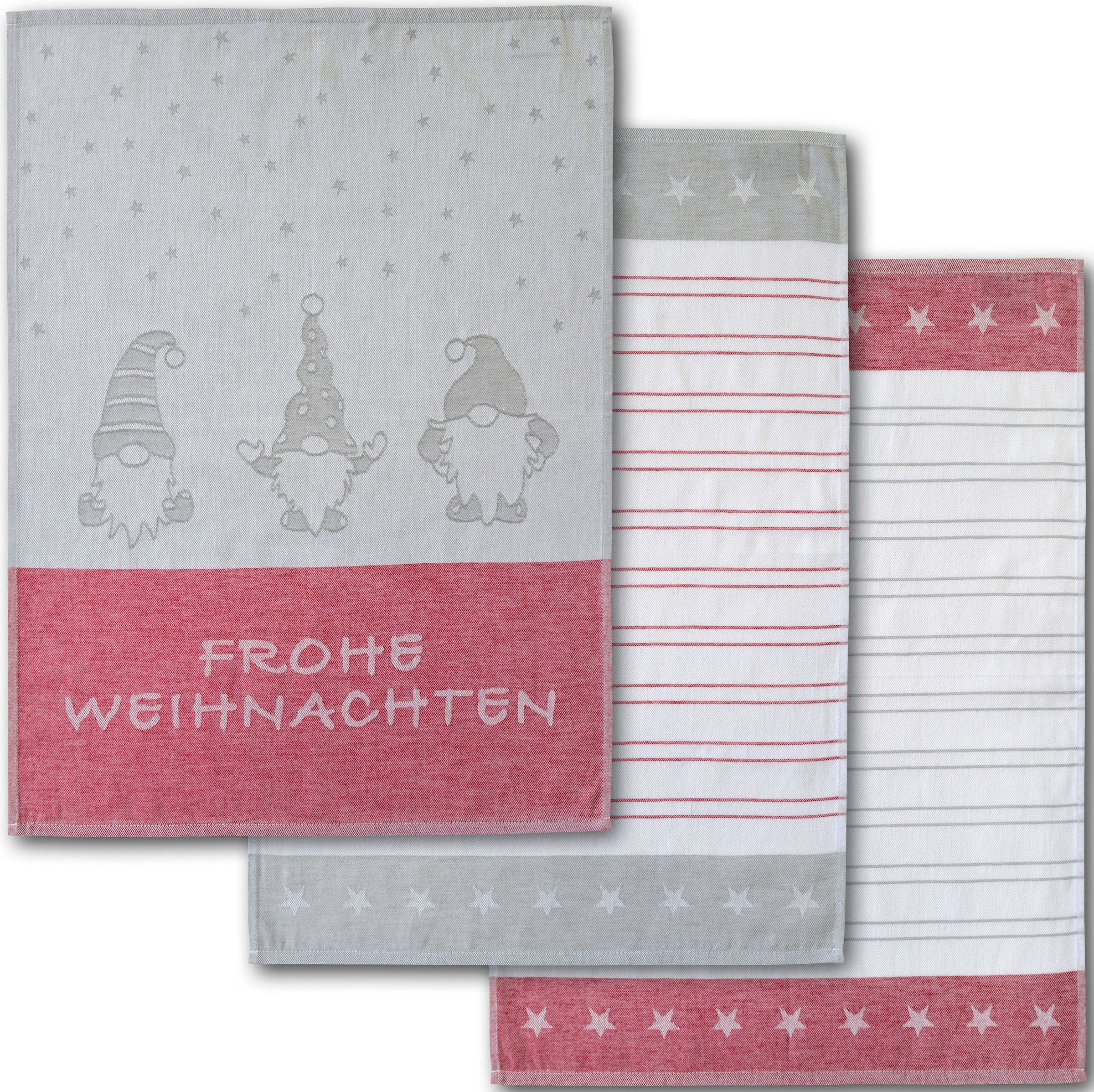 Dyckhoff Geschirrtuch »Wichtel, mit Schriftzug Frohe Weihnachten, Streifen und Sternen«, (Set, 6 tlg.), mit 3 verschiedenen Motiven, Maße je Tuch ca. 50x70 cm, 100% Baumwolle