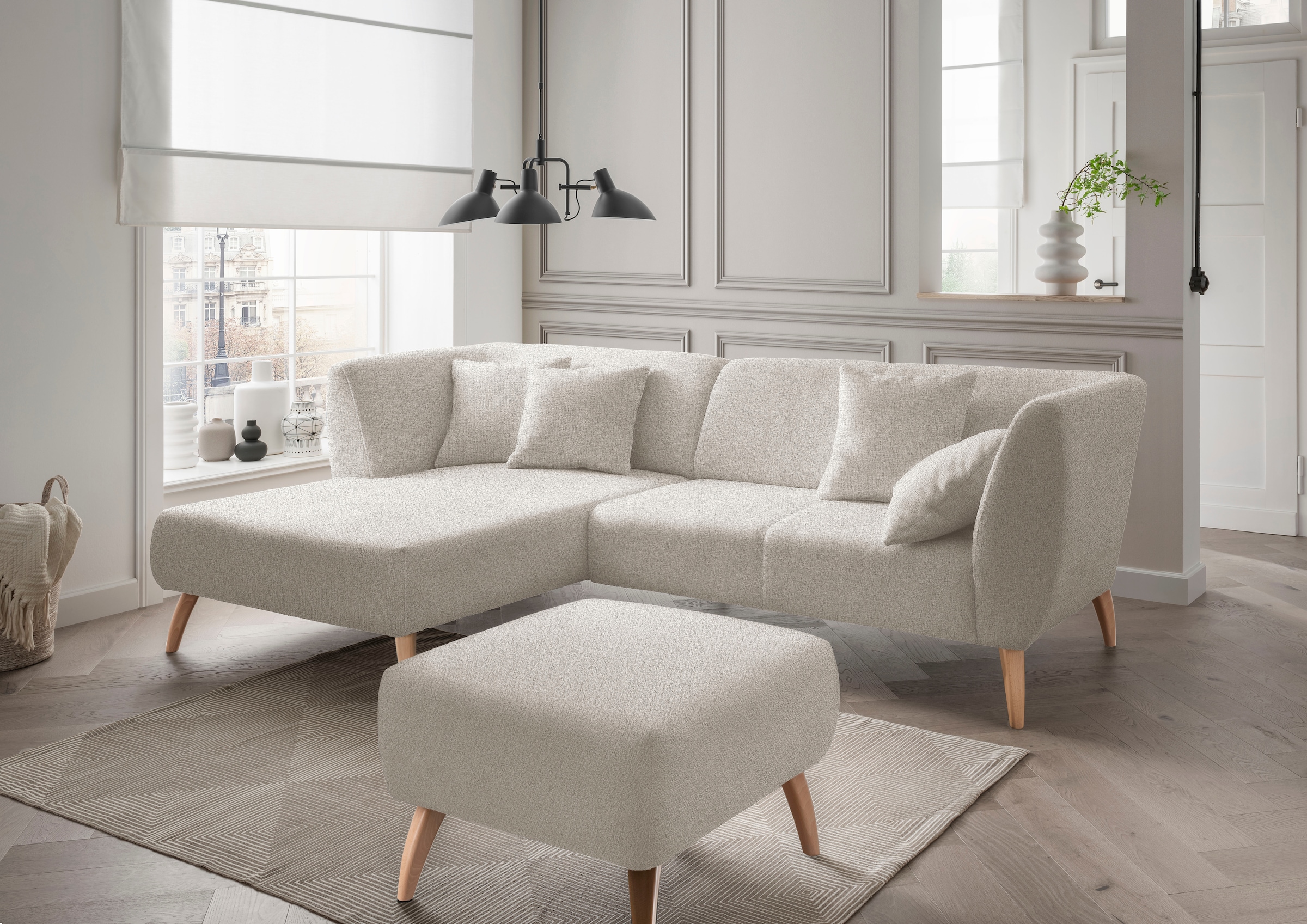 Home affaire Ecksofa "Lazio modern und bequem, schmale Armlehnen, tolle Detailverarbeitung" Holzfußfarbe wählbar, inkl. 4x Zierkissen